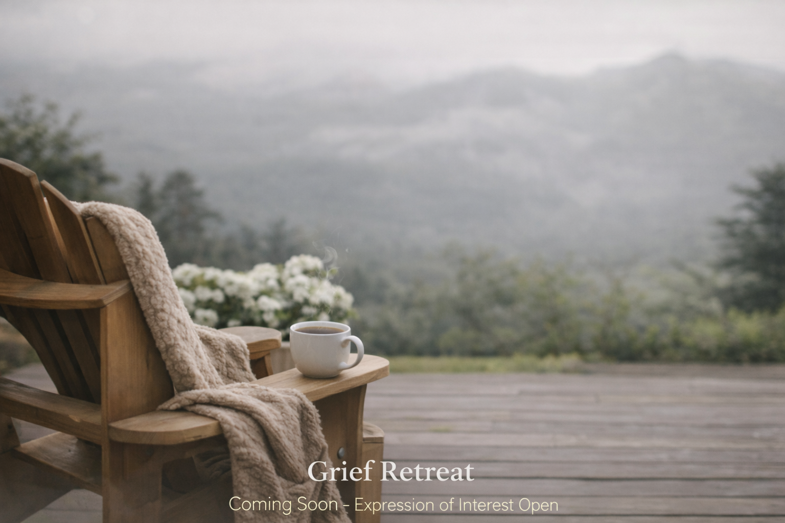 A backpack, a book, and a blanket on a wooden dock beside a calm lake with trees reflected in the water.
