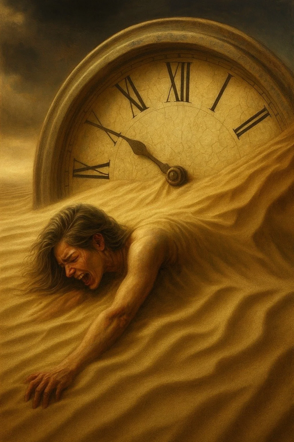 A surreal painting of a woman with long flowing hair, reaching forward with a distressed expression, with a large clock showing approximately 10:11 in the background, and sand dunes surrounding her.