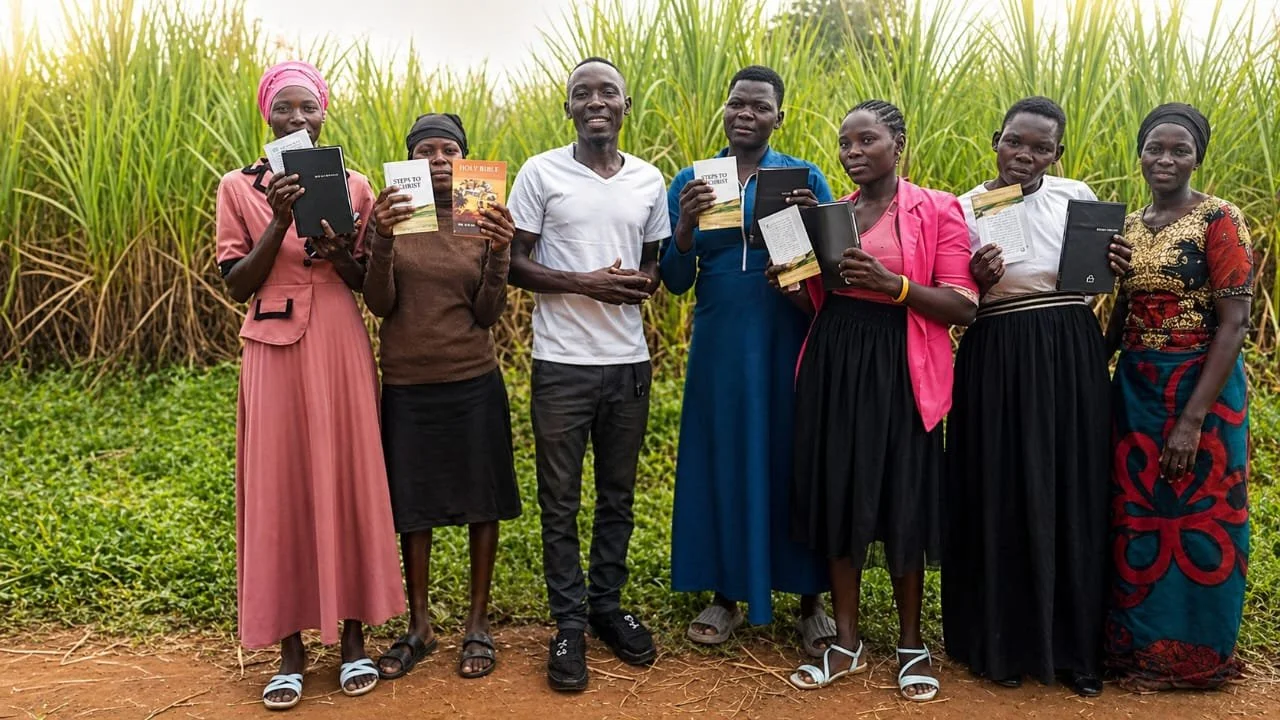Seven people standing outdoors in front of tall green grass, holding and reading books, dressed in colorful clothing.