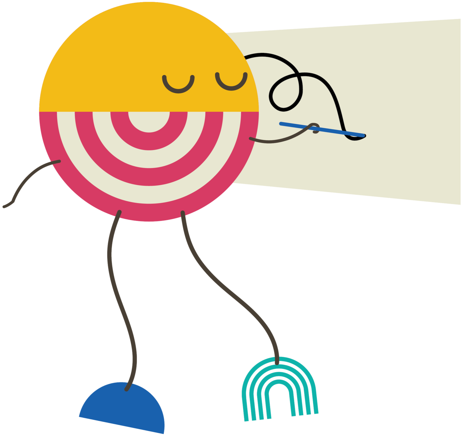 Cartoon character with a circular, concentric pink and cream body, yellow top, closed eyes, and simple black arms and legs, holding a fishing rod. The character appears to be walking with one foot on a blue semi-circle and the other on a rainbow with blue, green, and pink stripes.