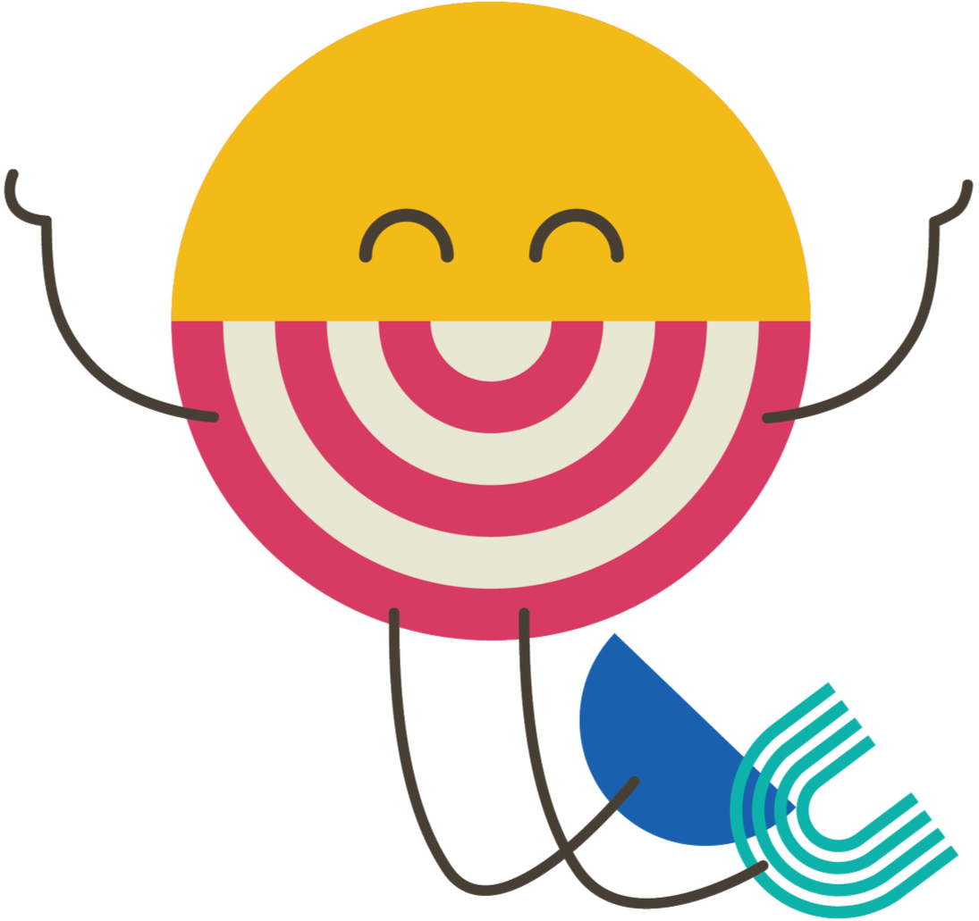 A happy, stylized clown with a round yellow and pink face, smiling eyes, and a wide smile, wearing a blue clown suit with a striped tail, arms raised in joy, and a red and gray background.