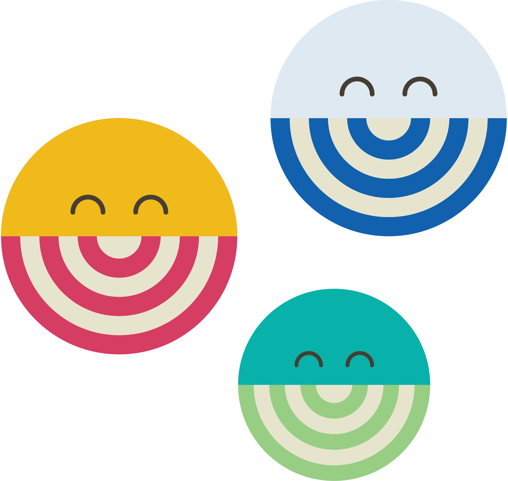 Three colorful round cartoon smiley faces with patterned lower halves and simple curved eyes on a black background.