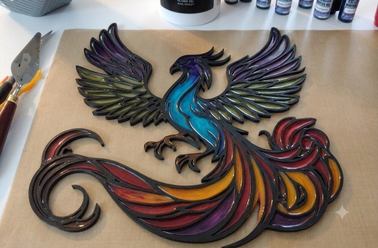 Every new technique begins with a single experiment. This phoenix was created using art gel medium and alcohol inks to achieve a transparent, stained-glass appearance that catches the light and brings the colors to life. It will become the focal poin