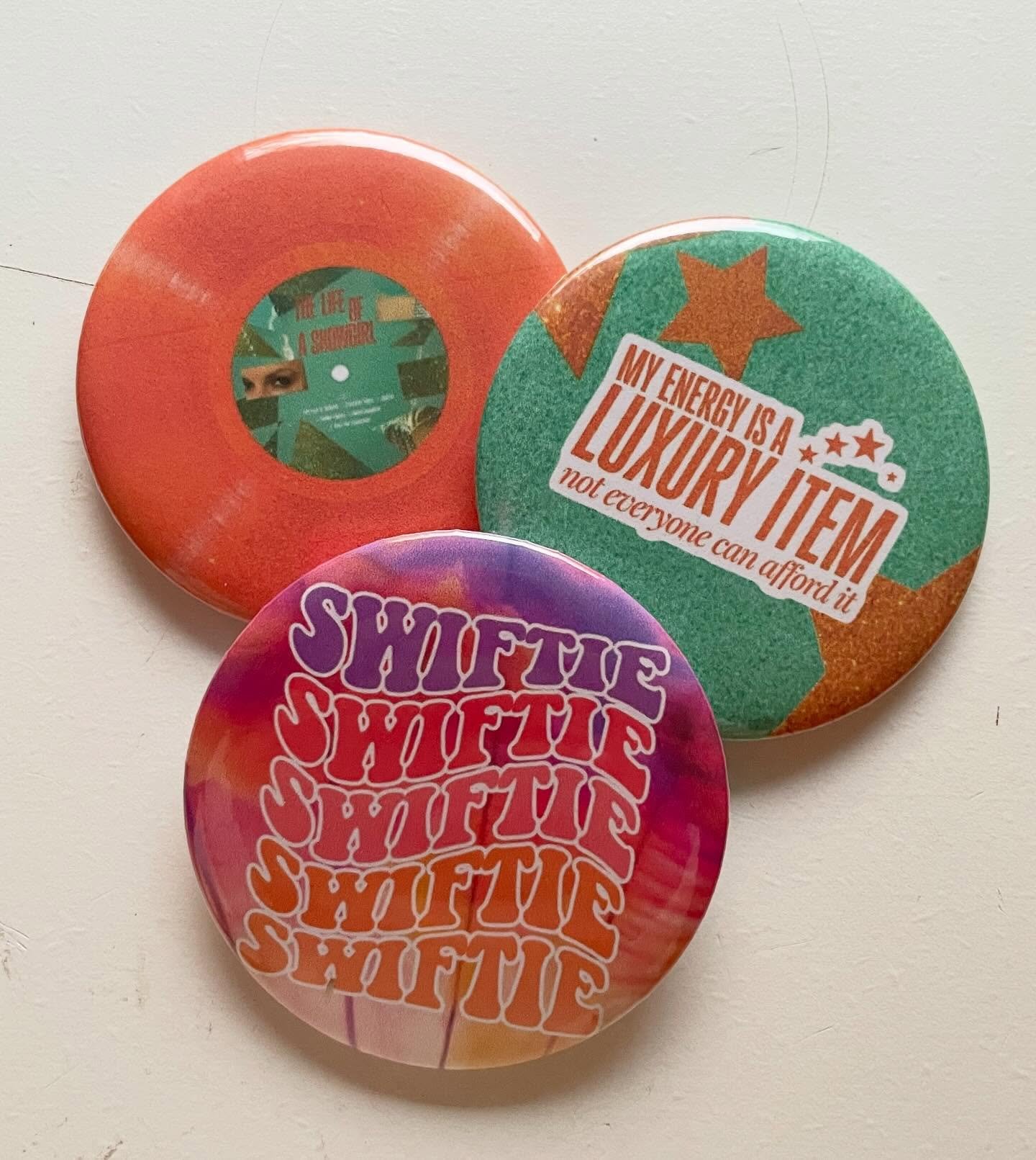 this one&rsquo;s for the swifties! the perfect addition to any jacket, backpack, or tote 🩵💫🪩