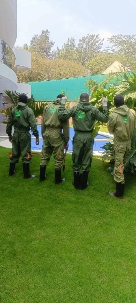 A group of five individuals dressed in green uniforms and black boots, standing outdoors on a grassy area, facing away from the camera and waving at a blue swimming pool with lush green foliage and trees in the background.