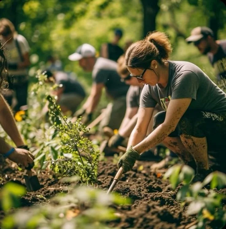 Group of people planting young trees in an outdoor setting on a sunny day