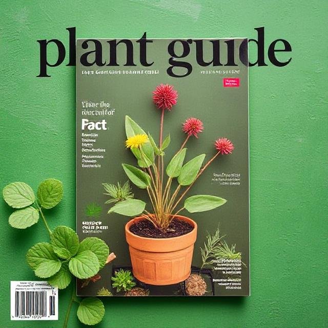 Cover of a plant guide magazine featuring a potted plant with pink, yellow, and red flowers on a green background, with additional green leaves on the side.