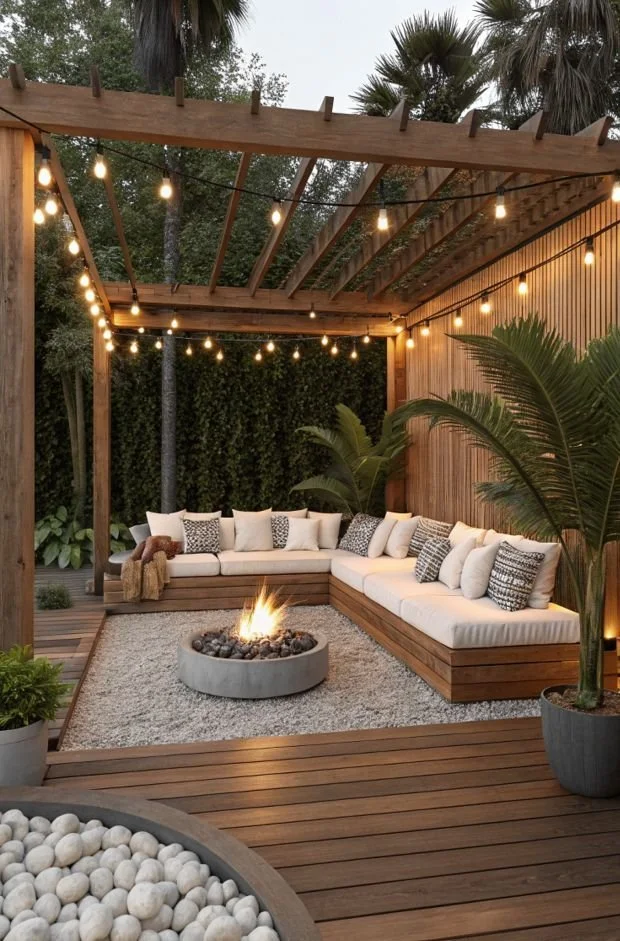 A cozy outdoor patio with a wooden pergola, string lights, a sectional sofa with cushions, a fire pit on a rug, and lush green plants.