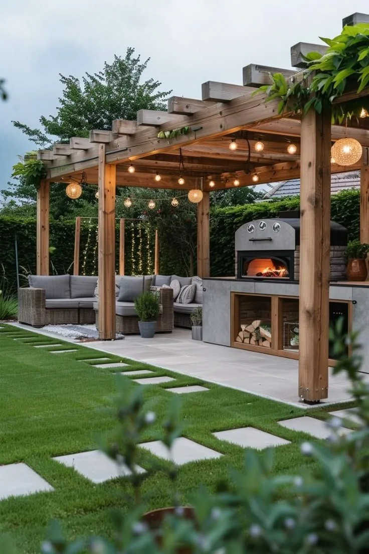 Outdoor patio with a wooden pergola, string lights, a gray outdoor sofa, potted plants, and a built-in outdoor fireplace with stacked firewood.