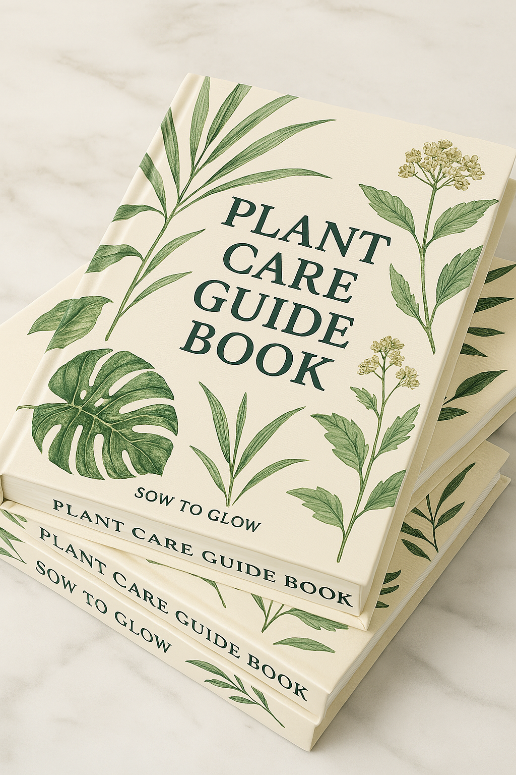Stack of plant care guide books with botanical illustrations on the cover, titled 'Plant Care Guide Book' and subtitle 'Sow to Glow'.