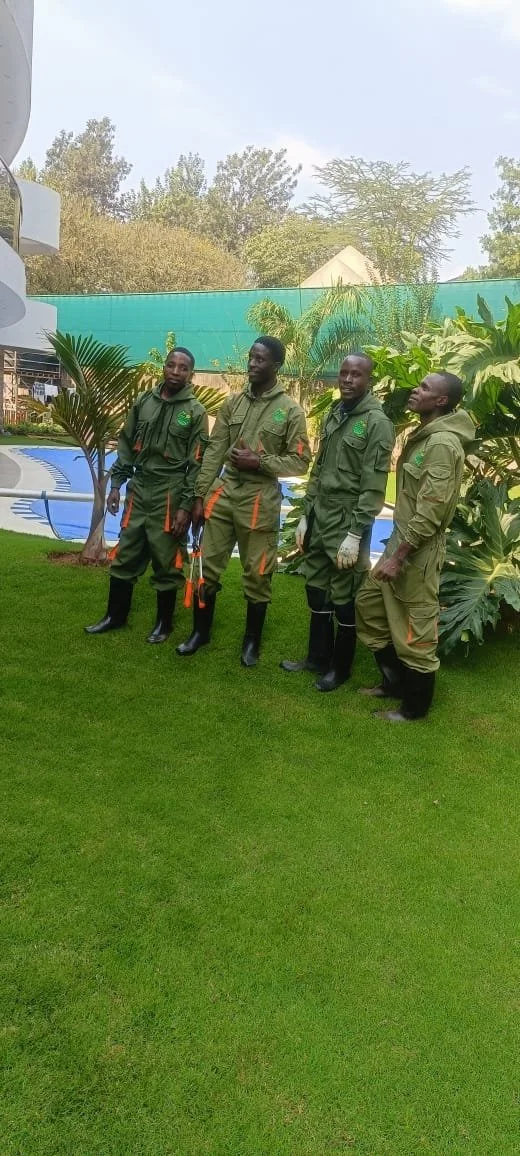 Four men dressed in green uniforms with black boots standing on grass near tropical plants in a landscaped outdoor area.