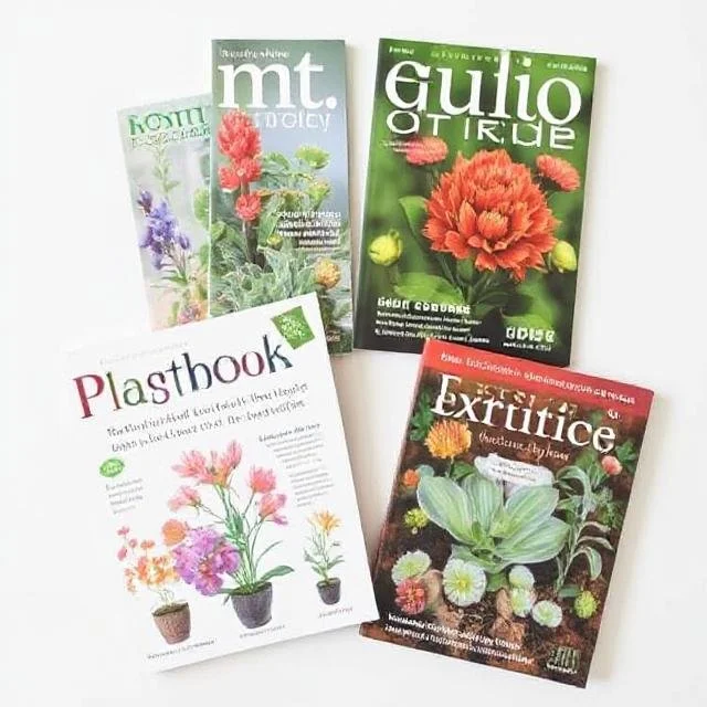 Collection of gardening magazines and a plant illustration catalog, including 'mt.', 'Gulio', 'Plasticbook', and 'Excitice' magazines with floral covers and a plant diagram.
