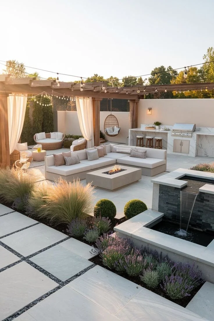 Elegant outdoor patio with white sectional sofa, fire pit, bar area with stools, hanging egg chair, shaded lounge area with cushions, decorative plants, string lights, and a water feature.