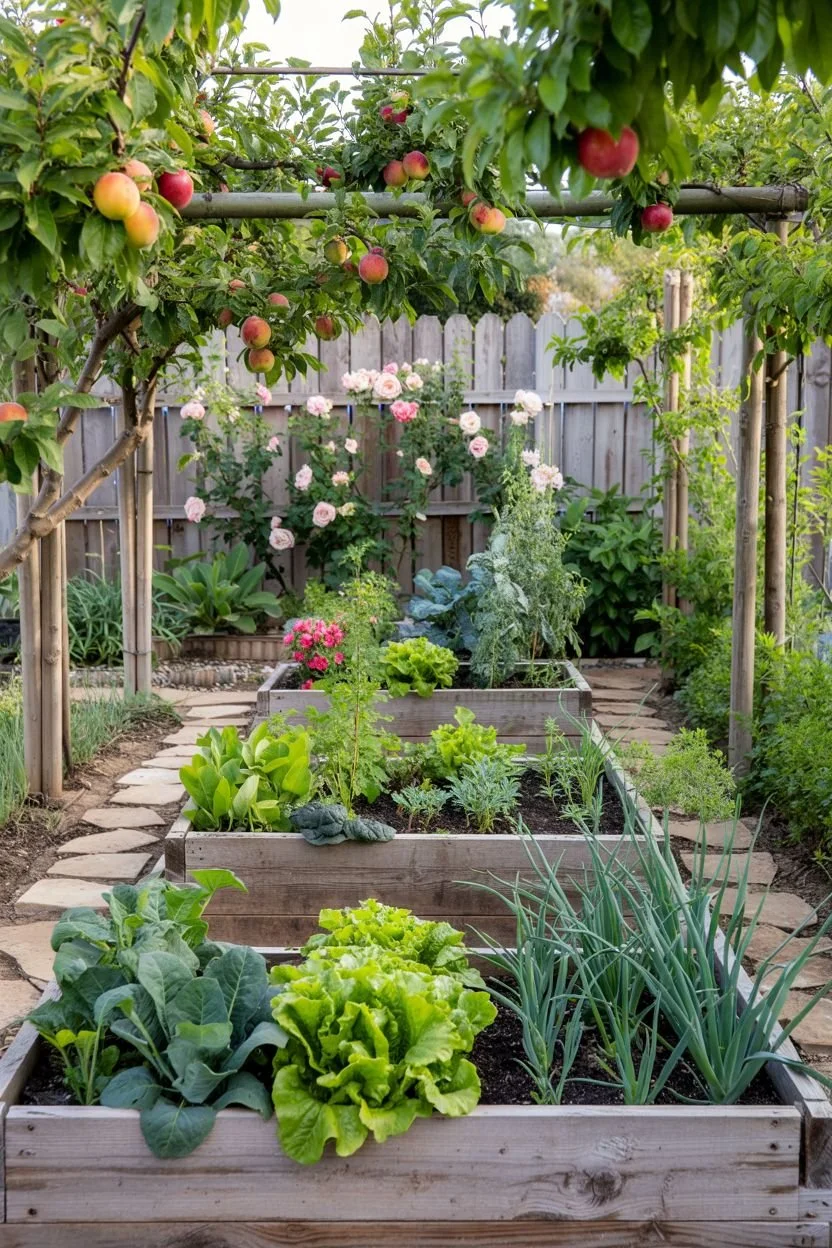 A lush backyard garden with vegetable beds and flowering plants, including apple trees with ripe apples hanging from branches, and a wooden fence in the background.