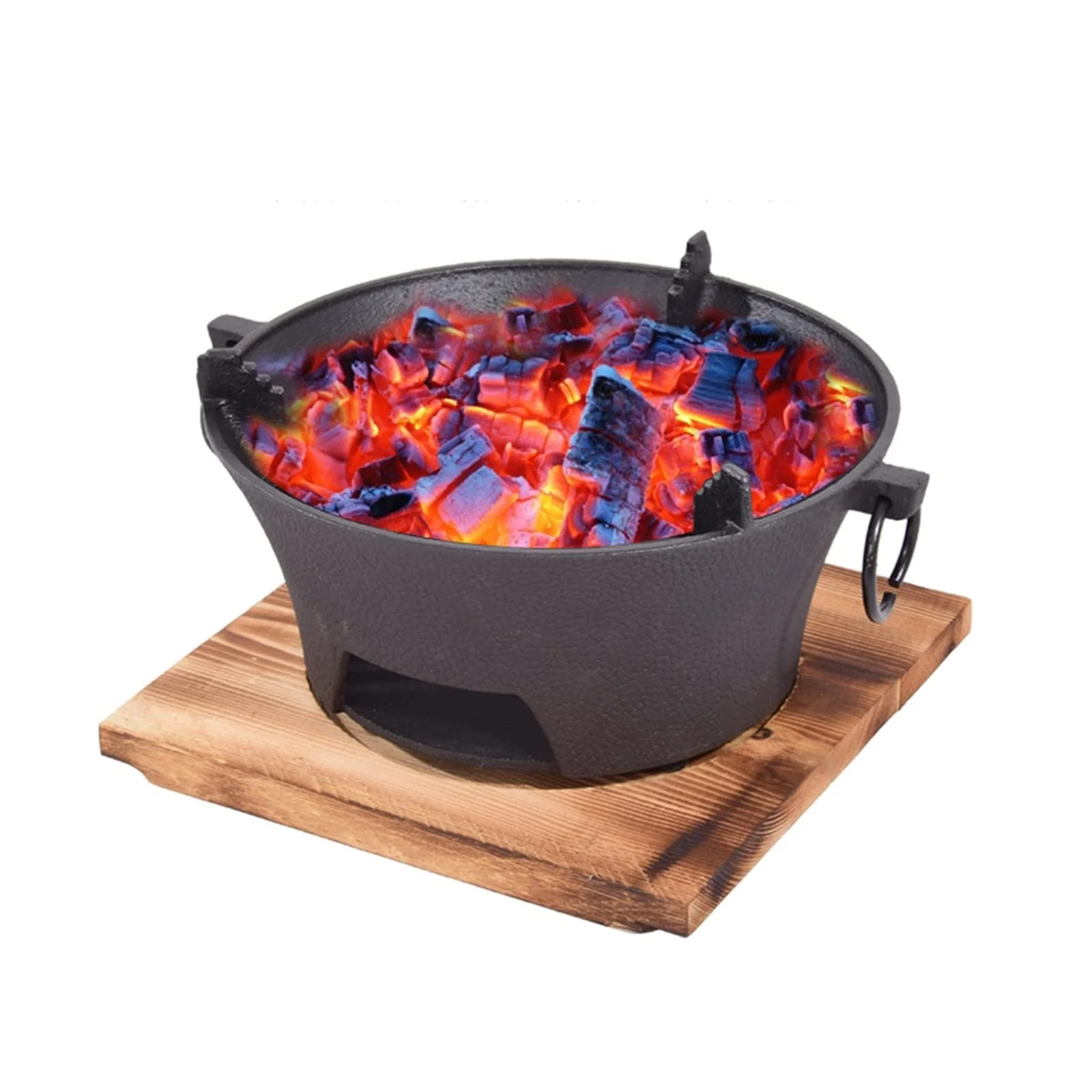 A cast iron fire pit with glowing red and blue embers on a wooden base.
