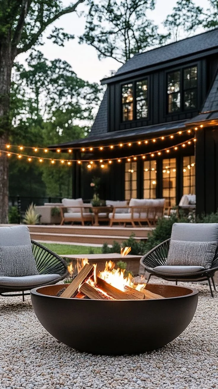 An outdoor backyard space during evening time with a fire pit, two modern chairs, and a house with string lights and a patio in the background.