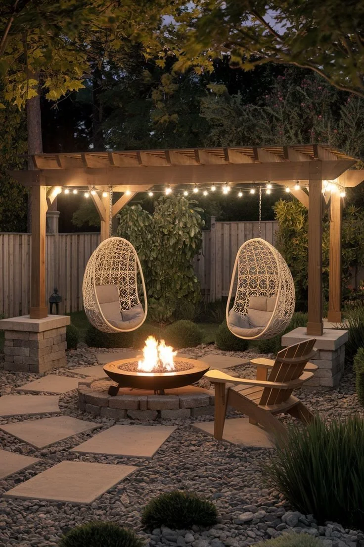 Backyard patio with a fire pit, two hanging wicker chairs, a wooden Adirondack chair, and string lights under a wooden pergola, surrounded by trees and plants.