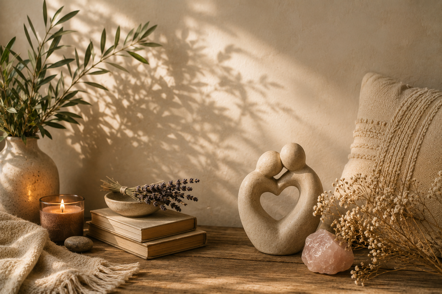 Decorative indoor scene with antique-style vase holding green leaves, stacks of books with lavender on top, lit candle, smooth stones, ceramic sculpture of two figures forming a heart, dried flowers, and a pink salt lamp on a wooden surface, with a textured pillow and warm lighting.