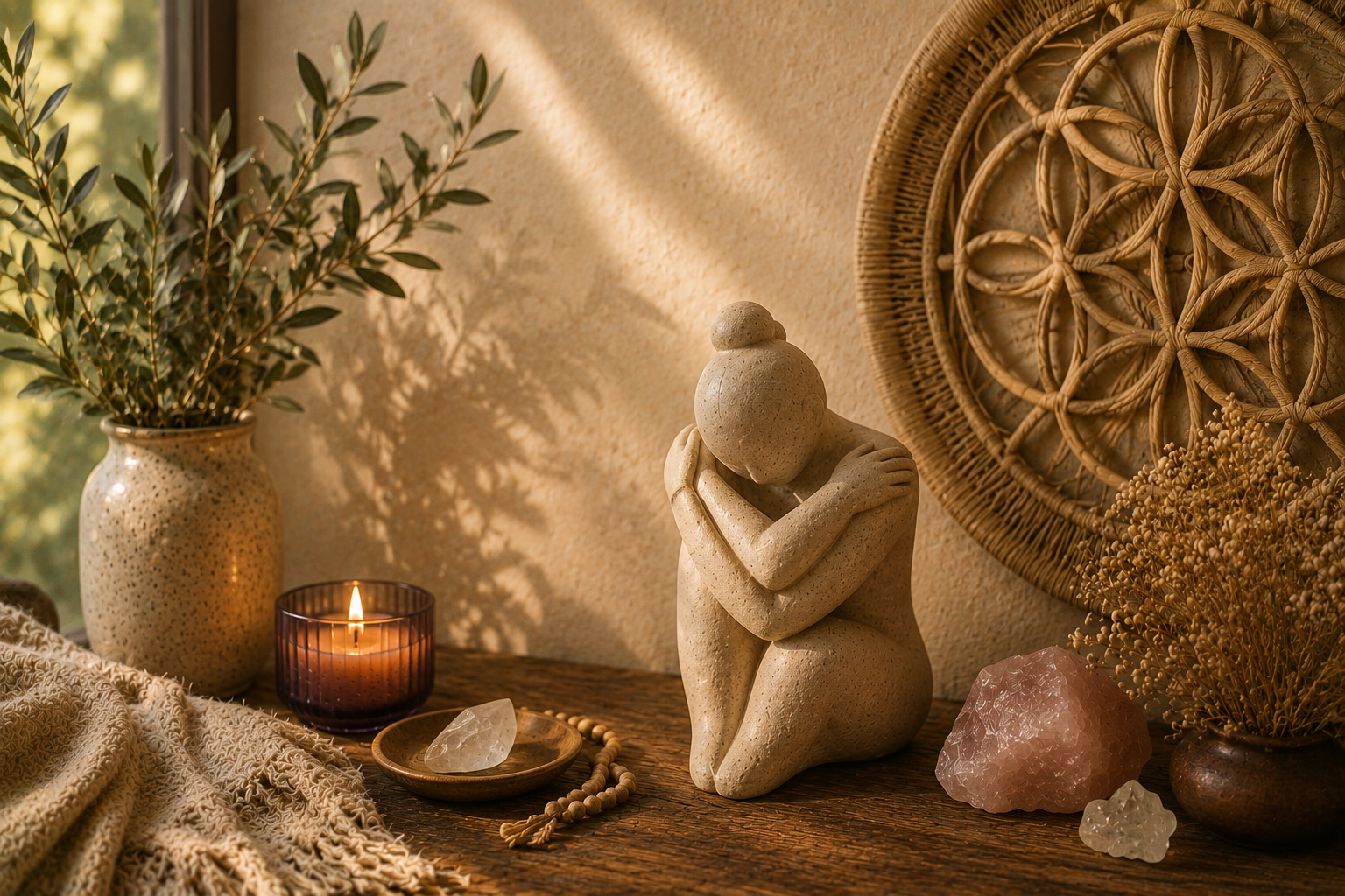 Decorative interior scene featuring a beige stone figurine of a person in a kneeling pose with arms crossed, surrounded by plants, candles, crystals, and woven wall art, with warm lighting and natural textures.