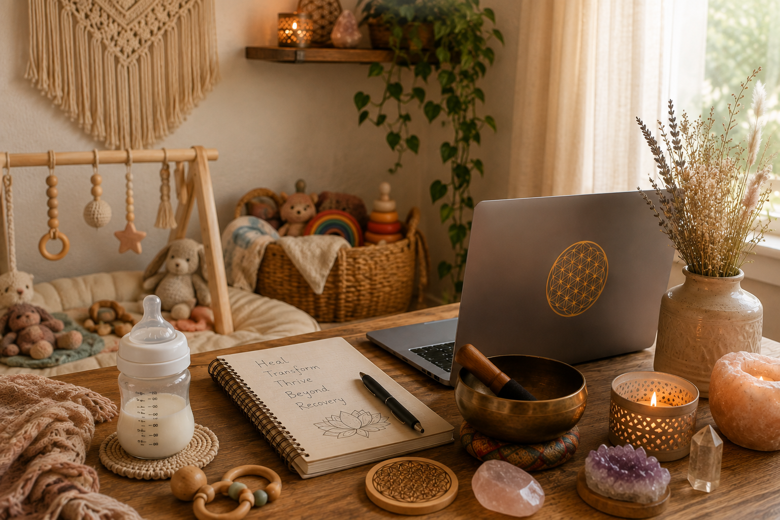 A cozy child's nursery with a wooden table holding a laptop, notebook, baby bottle, candles, crystals, and decorative items, and a crib filled with stuffed animals and toys. There are plants, shelving, and warm natural light.