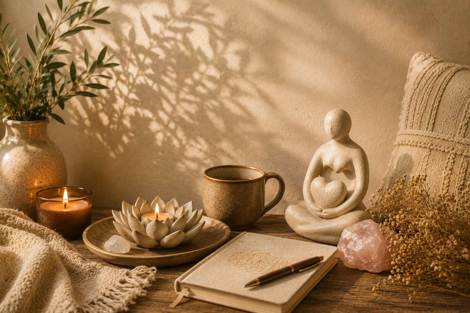 Decorative table setup with a potted plant, lit candles, a ceramic cup, a lotus-shaped candle holder, a notebook with a pen, a statue holding a heart, a pink crystal, and dried flowers, all illuminated by warm sunlight casting shadows.