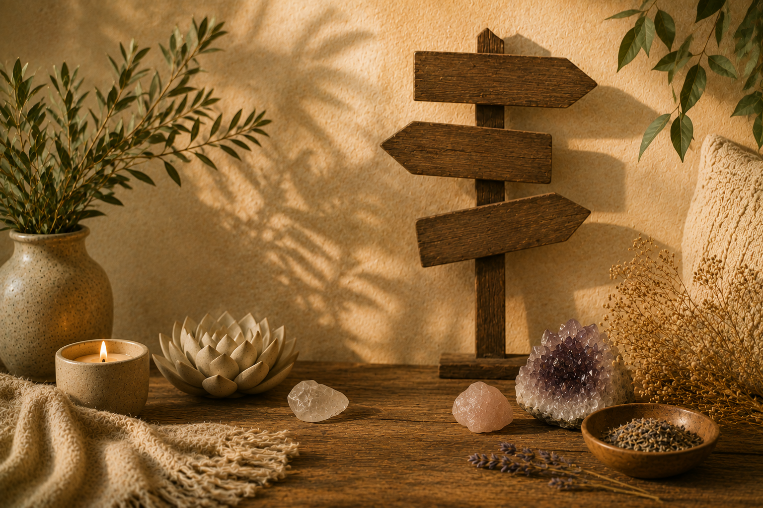 Decorative table setup with potted plant, candle, succulent, candles, crystals, dried flowers, and wooden sign with arrows, warm lighting, textured wall background.