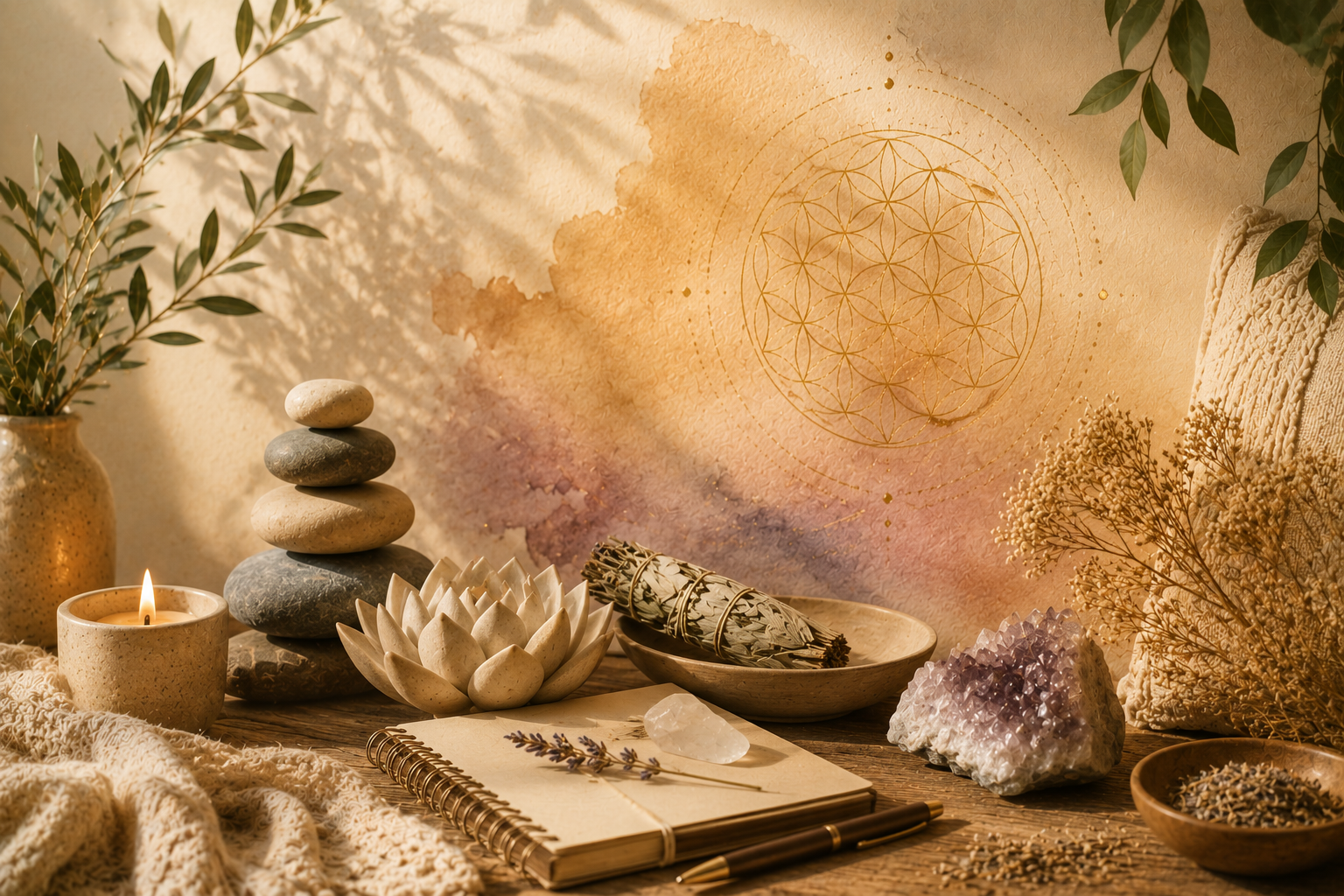 A peaceful, spiritual tabletop scene with candles, stones, dried herbs, a notebook with a crystal, plant decor, and a geometric wall art piece in soft, warm tones.