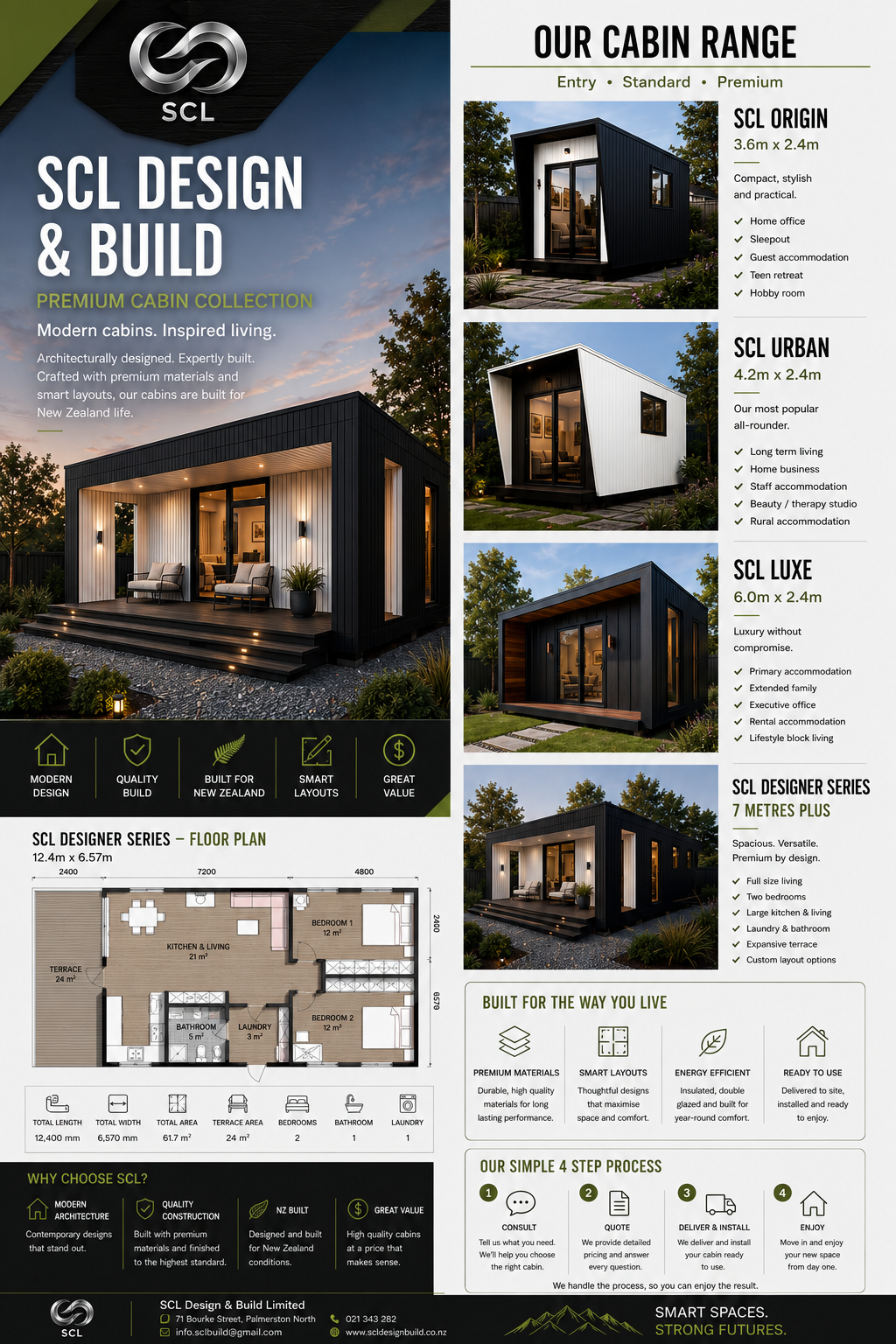 Advertisement for SCL cabin range featuring images of modern small cabins in black, white, and dark wood finishes. Includes floor plan, features, and descriptions of three models: Origin, Urban, and Luxe, with details about size, amenities, and uses.
