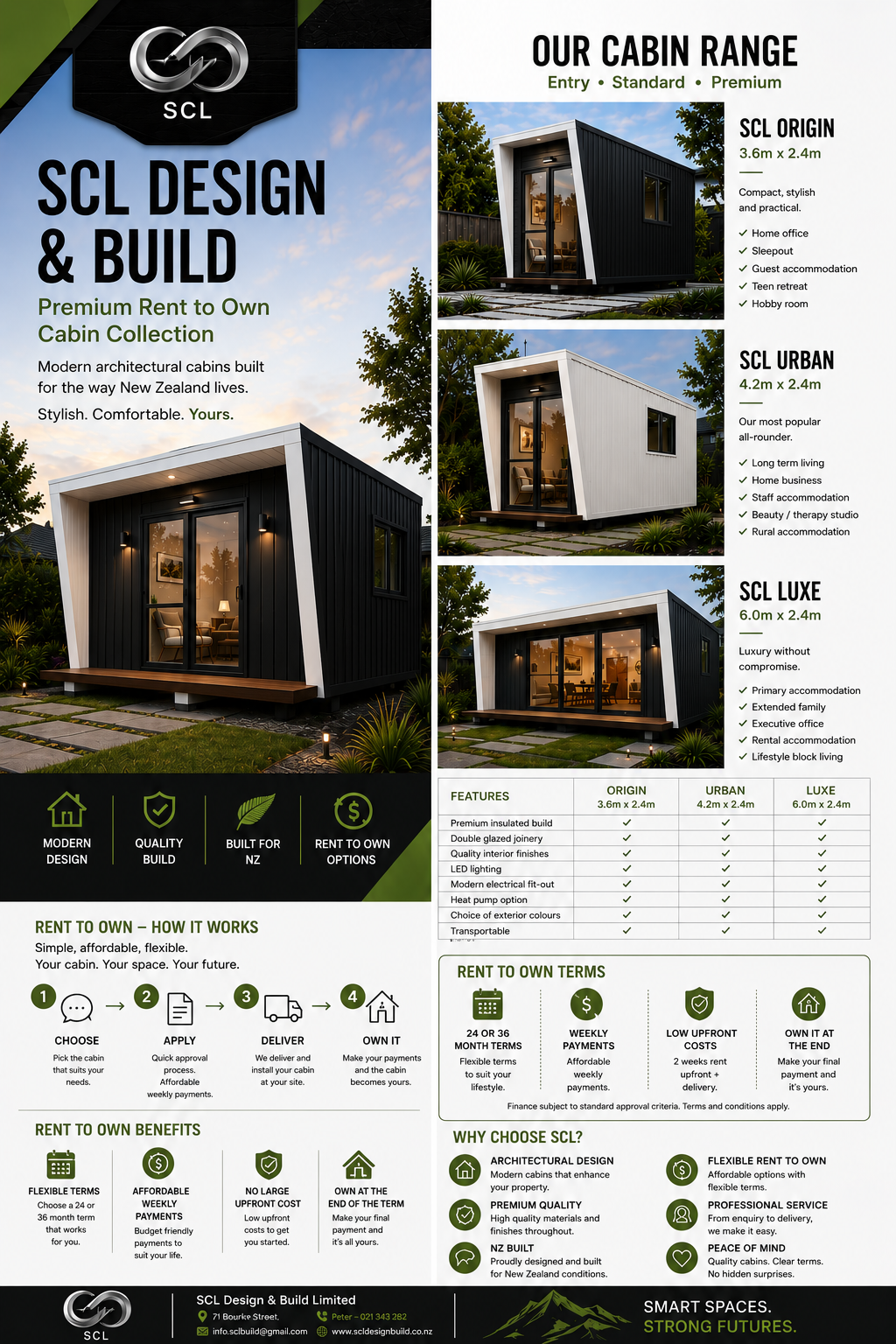 An advertisement for SCL's cabin design and build services, showcasing different cabin models: Origin, Urban, and Luxe, with interior photos and features listed.