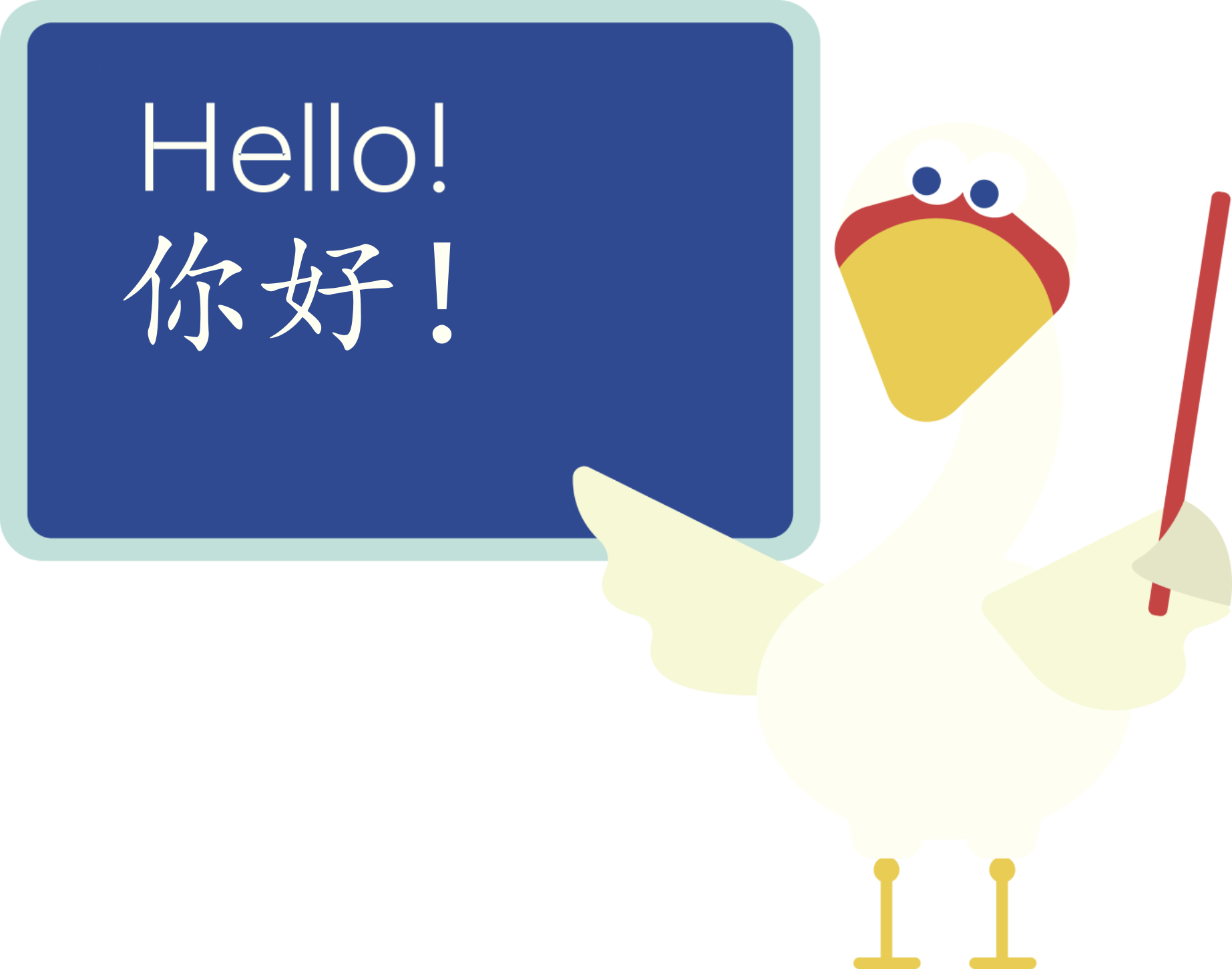 A cartoon stork holding a sign that says "Hello! Hej! Hej! Halo!" in different languages.