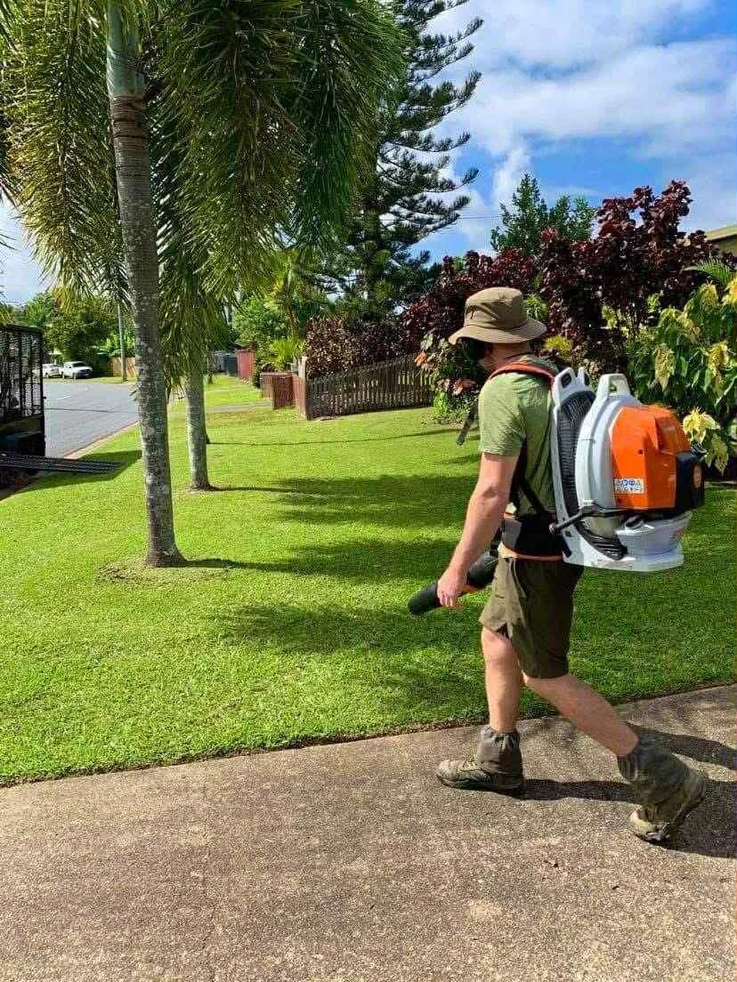 Blowing down a lawn southside of Cairns after its fortnightly mowing service