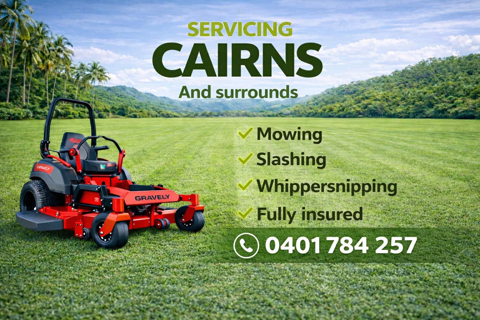 Ride on mower cutting grass in Cairns and Northern beaches