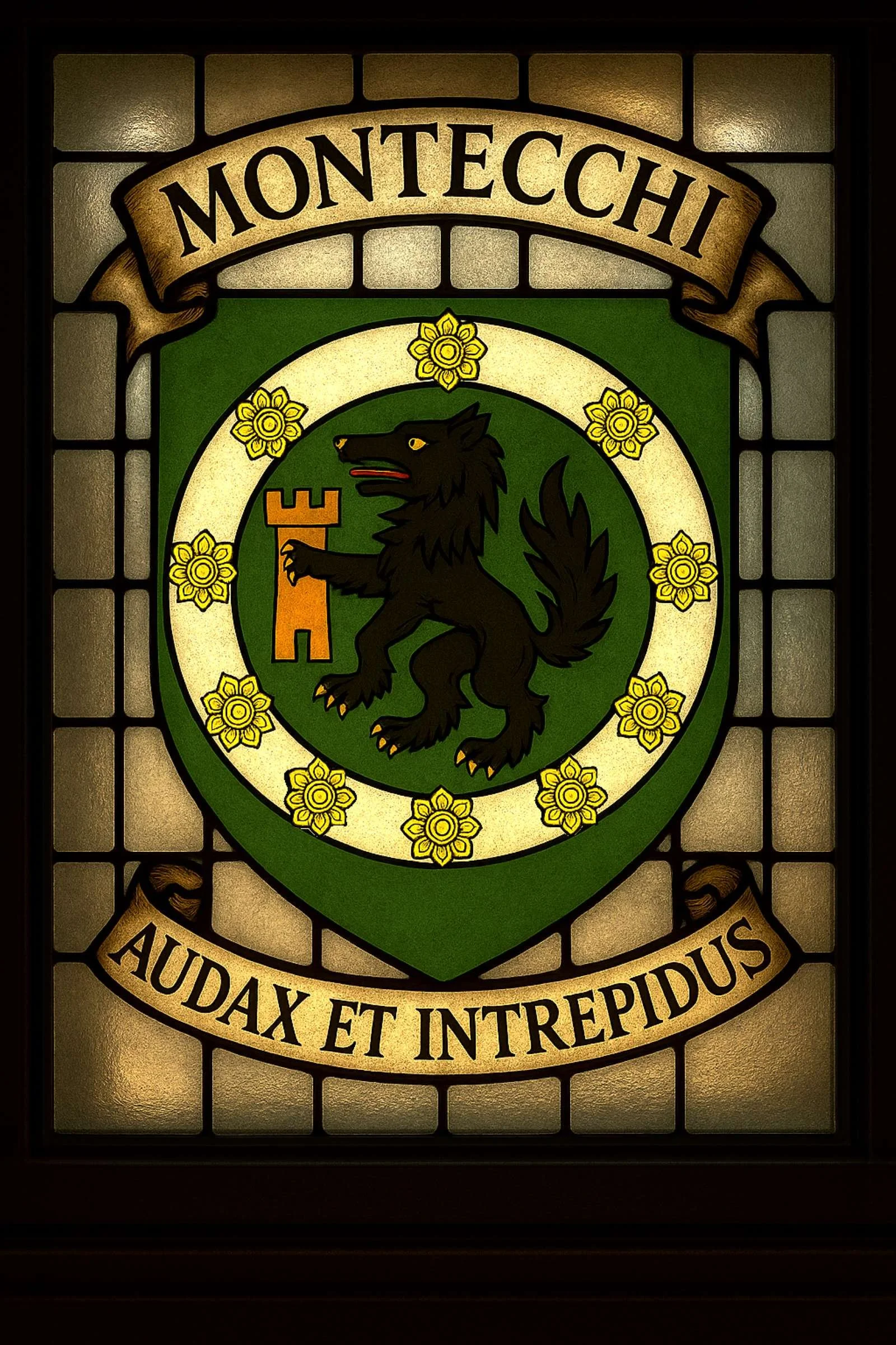Stained-glass Montecchi family crest featuring a black wolf, gold castle and floral border on a green field, with the motto Bold and Fearless.