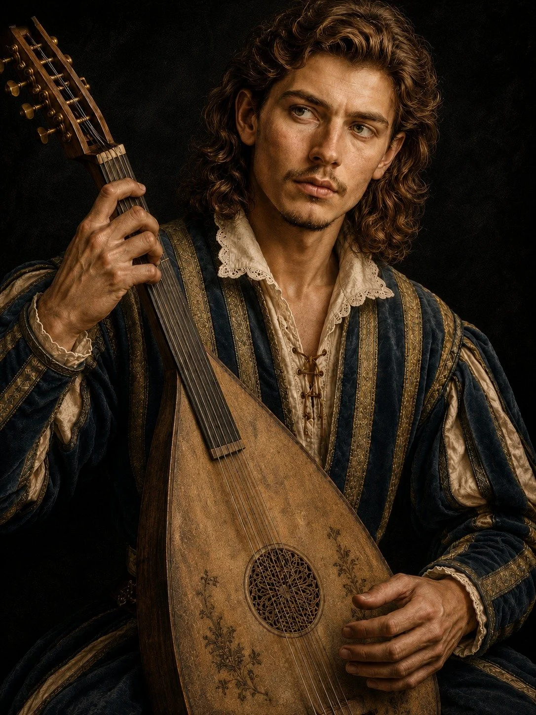 Portrait of Marcel Poquelin seated with his well-worn lute, the Renaissance musician and court fool who narrates the CAPULET Series.
