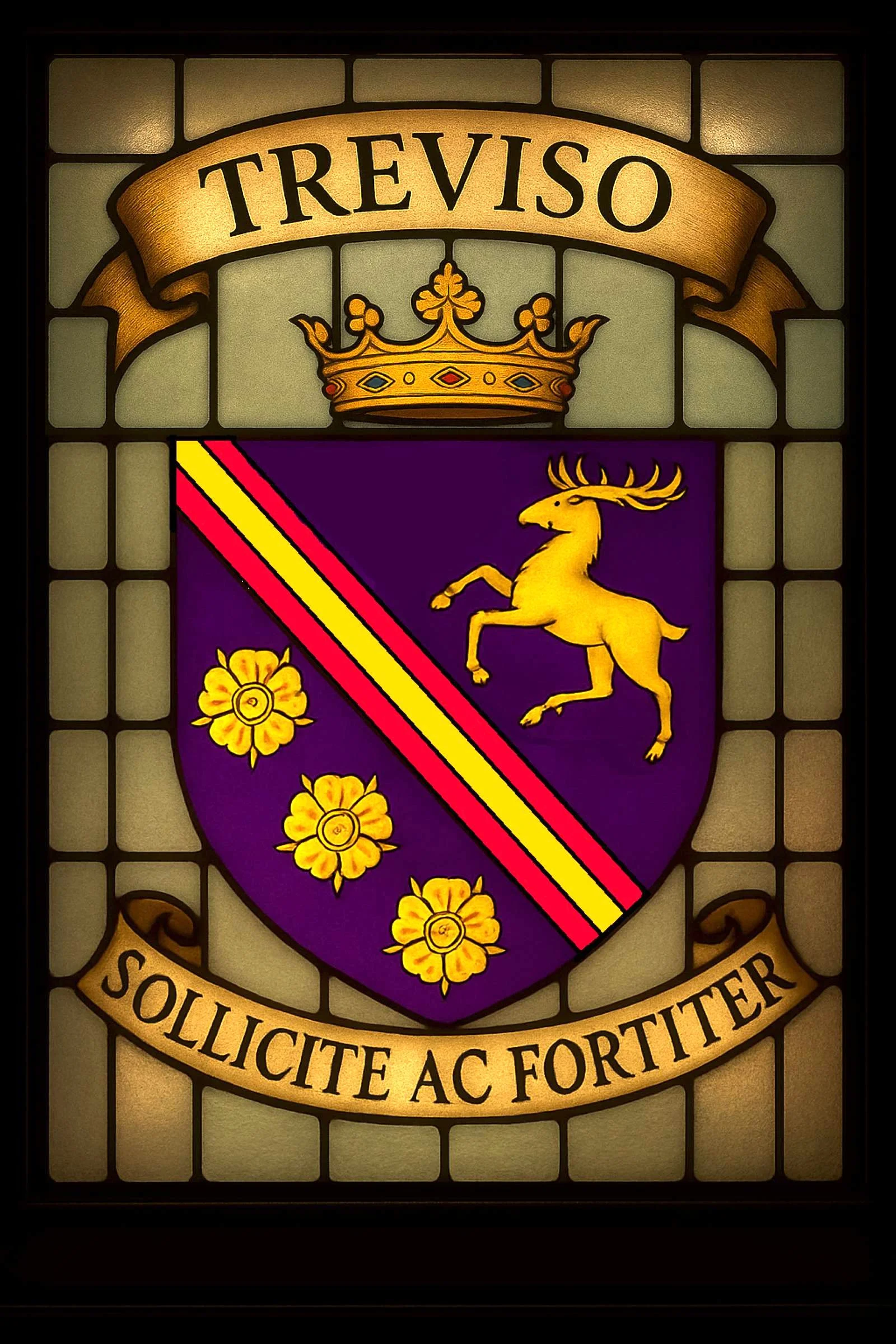 Stained-glass Treviso family crest featuring a gold stag, crown, flowers and a diagonal red-and-gold band on a purple field, with the motto Carefully and Bravely.