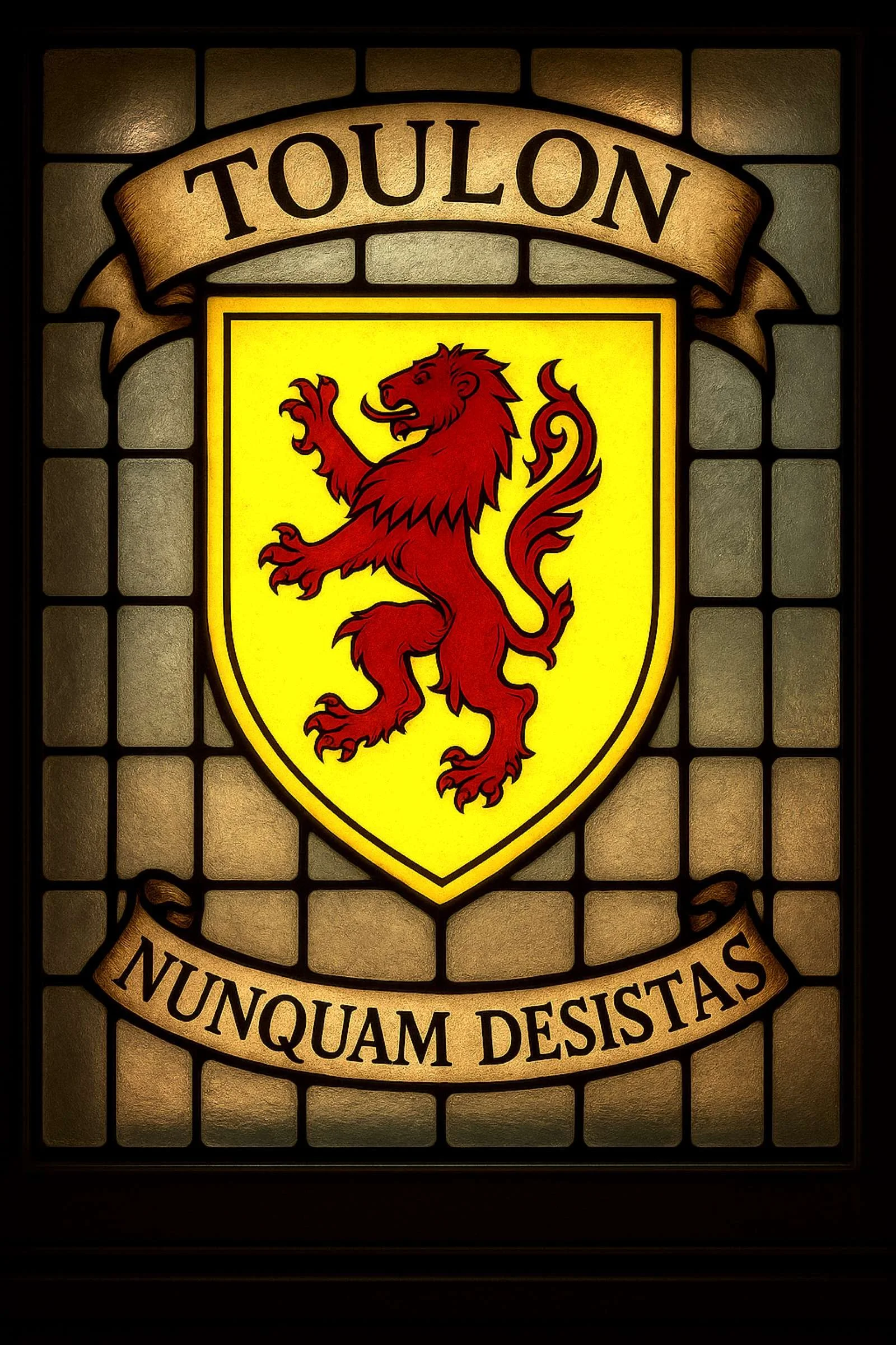 Stained-glass Toulon family crest featuring a red lion rampant on a gold field, with the motto Never Give Up.