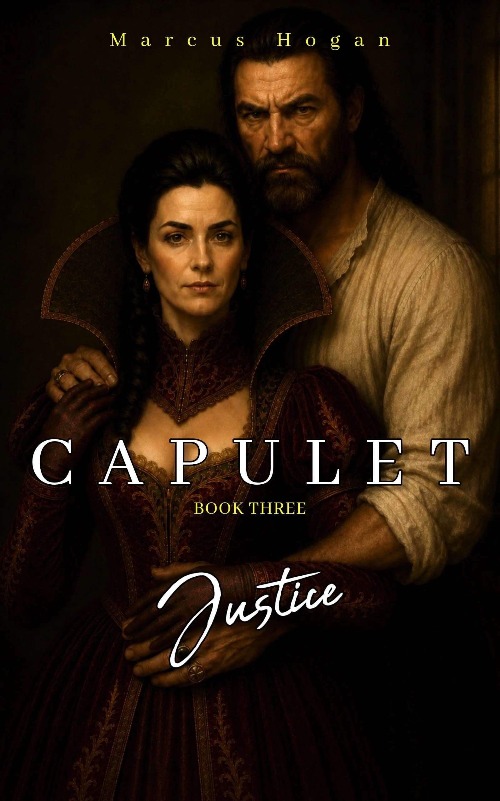 Onorato and Esmeralda Montecchi on the front cover of CAPULET Book 3 – Justice.