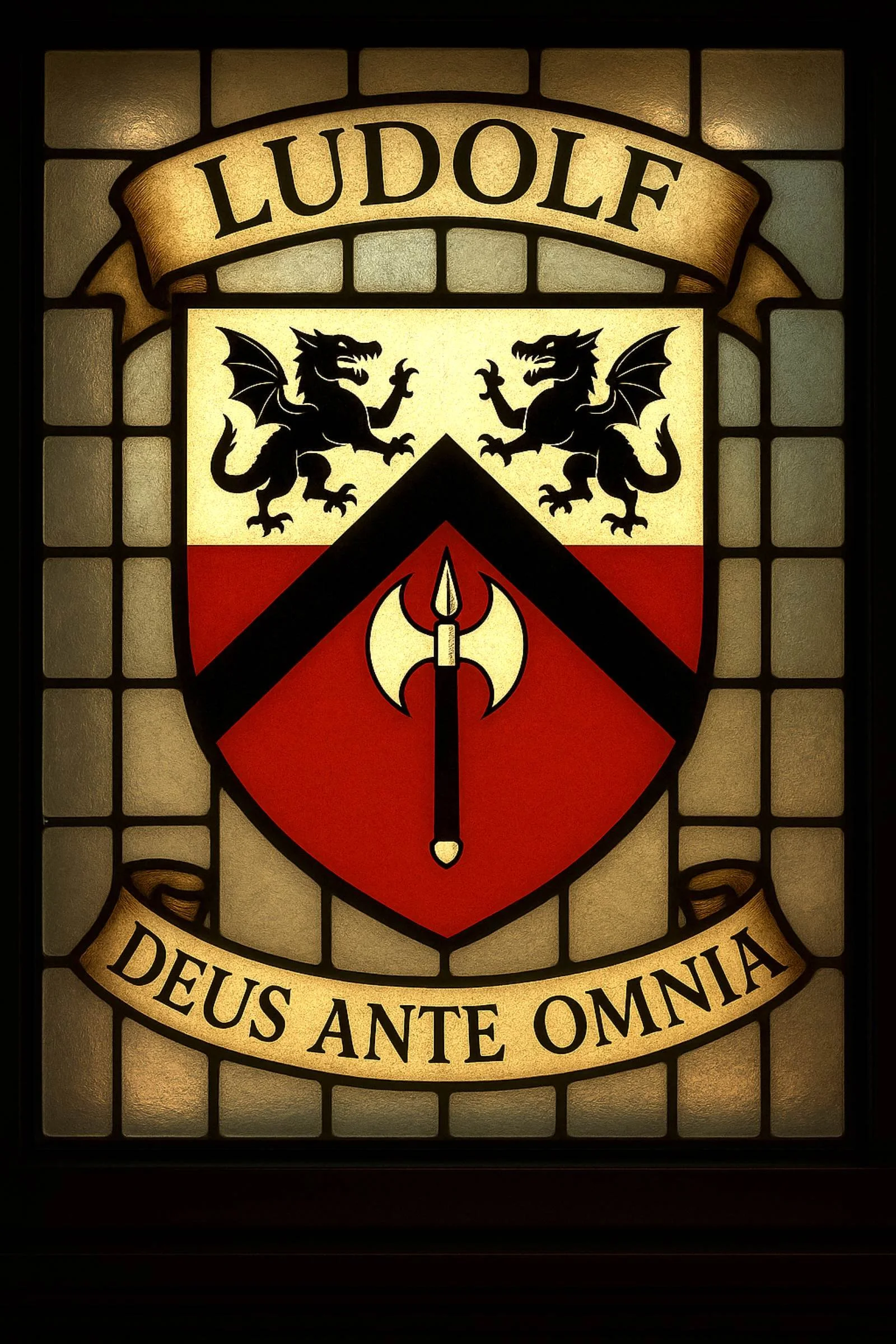 Stained-glass Ludolf family crest featuring two black griffins and a double-headed battle axe on red, black and white fields, with the motto God Before All Things.
