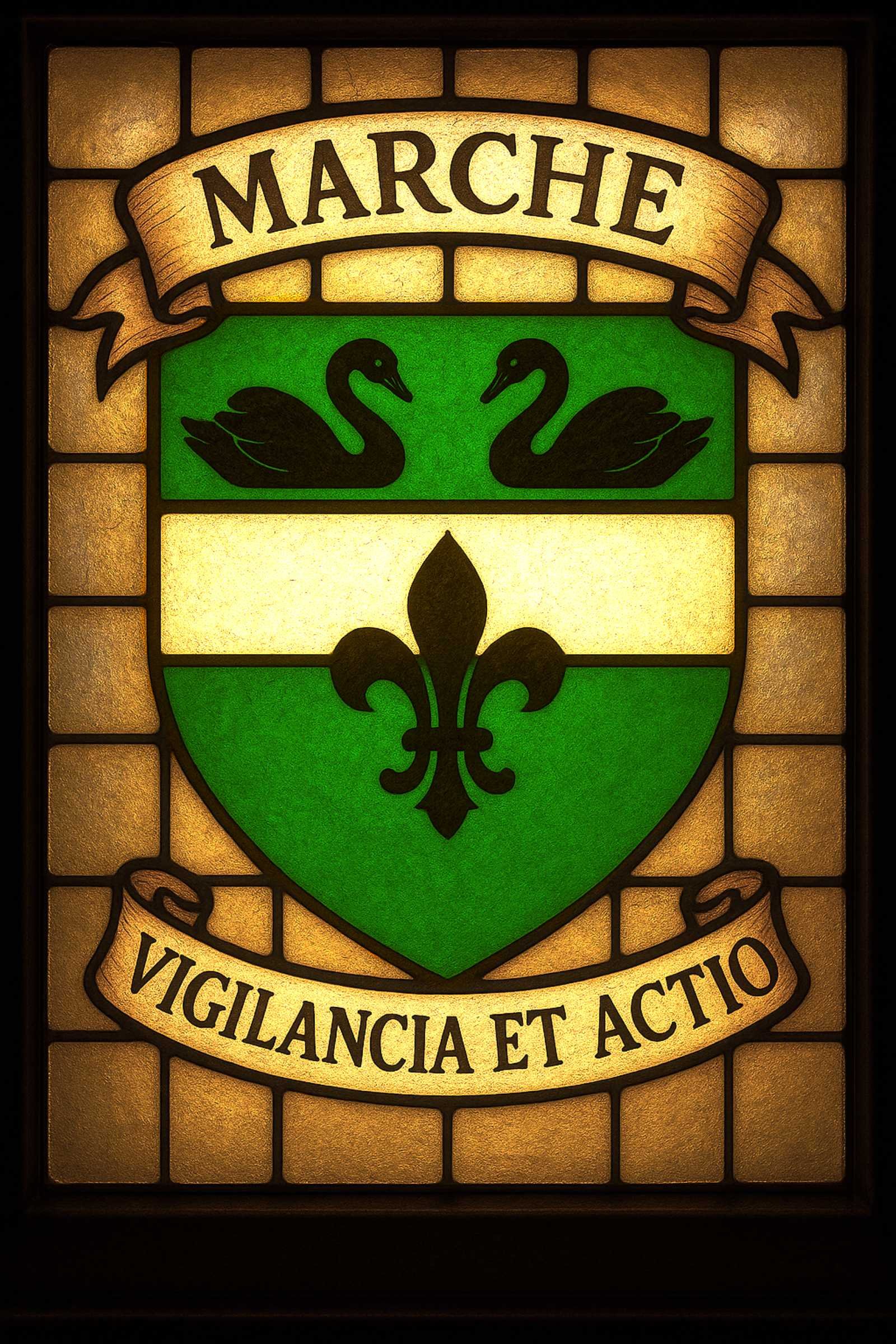 Stained-glass crest of Eloise du Marche’s family, featuring two black swans and a black fleur-de-lis on green and white fields, with the motto Vigilance and Action.
