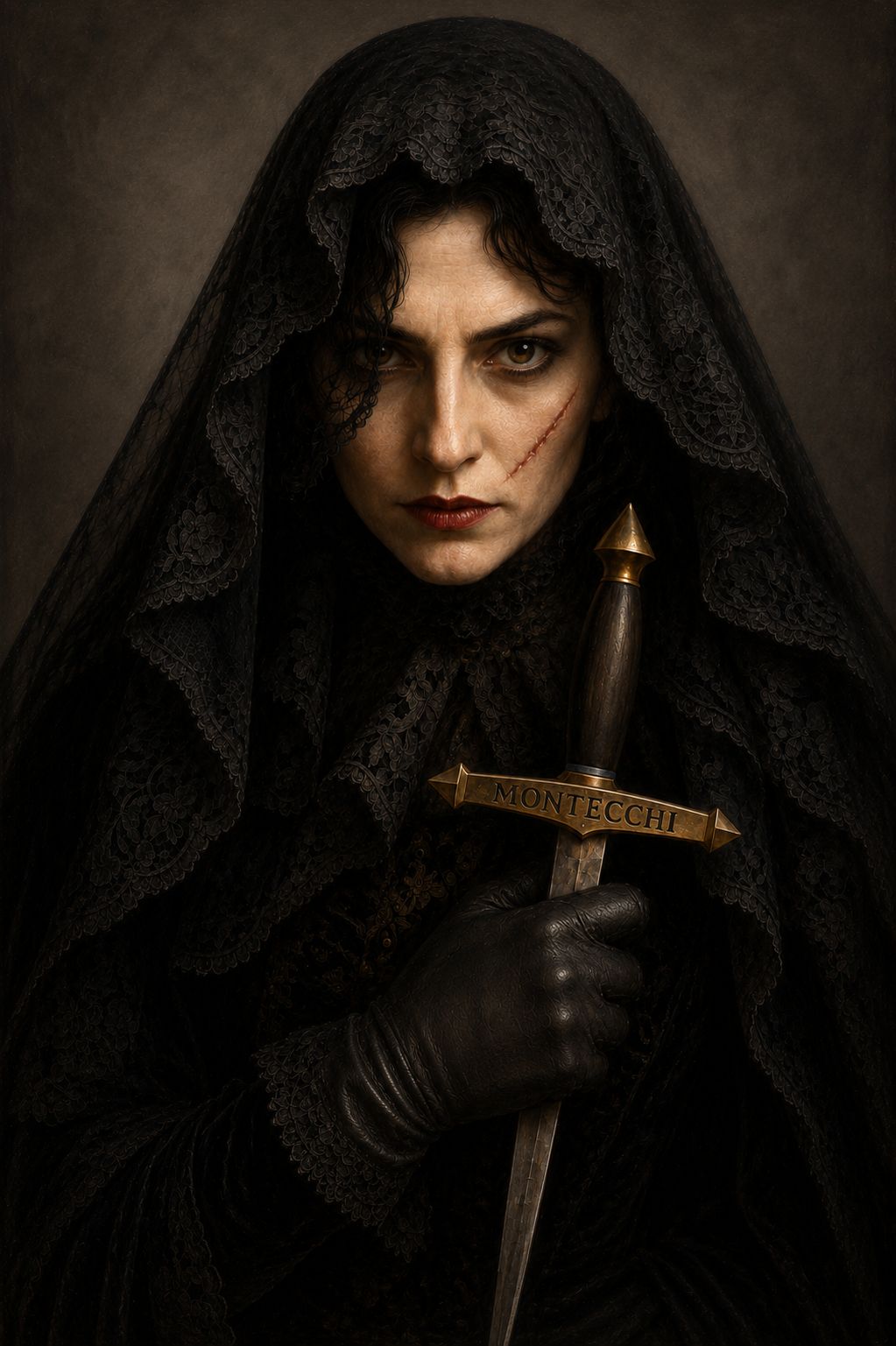 Countess Esmeralda Montecchi holding a dagger in the familial crypt.