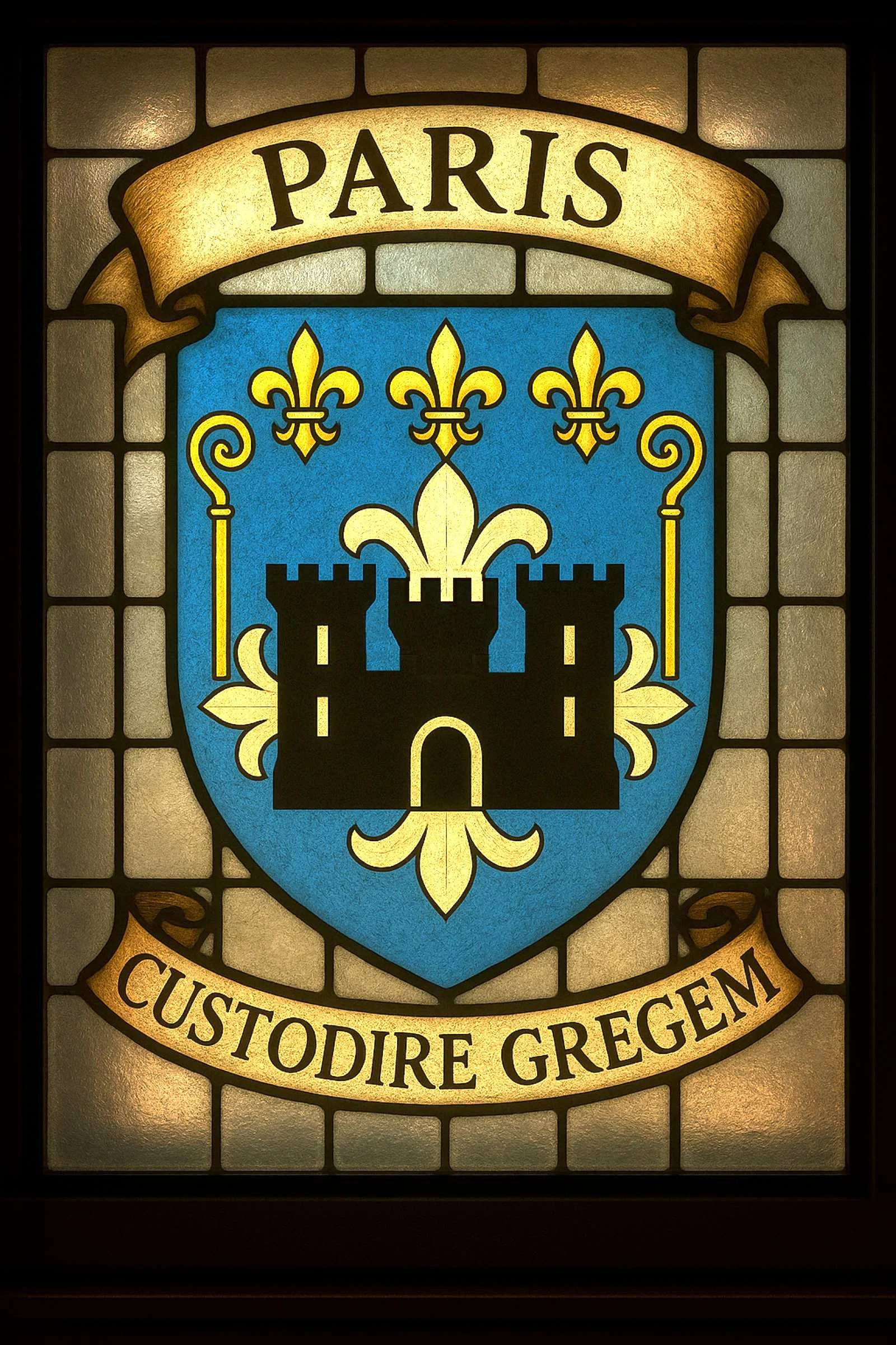 Stained-glass heraldic crest of the House of Paris with the family name and motto.