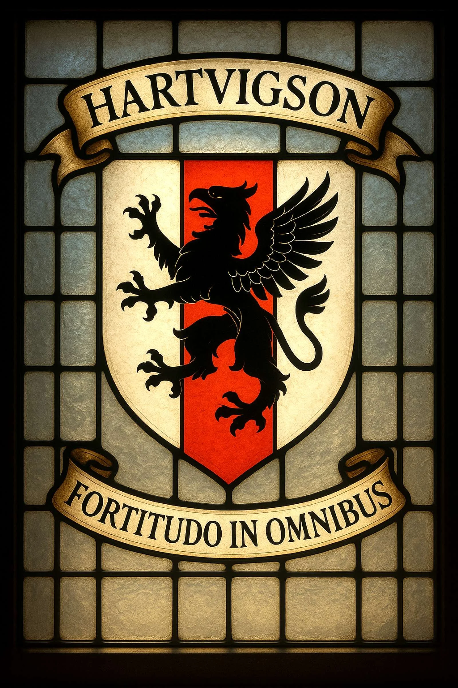 Stained-glass Hartvigson family crest featuring a black winged griffin over a red cross on a white field, with the motto Strength in All Things.