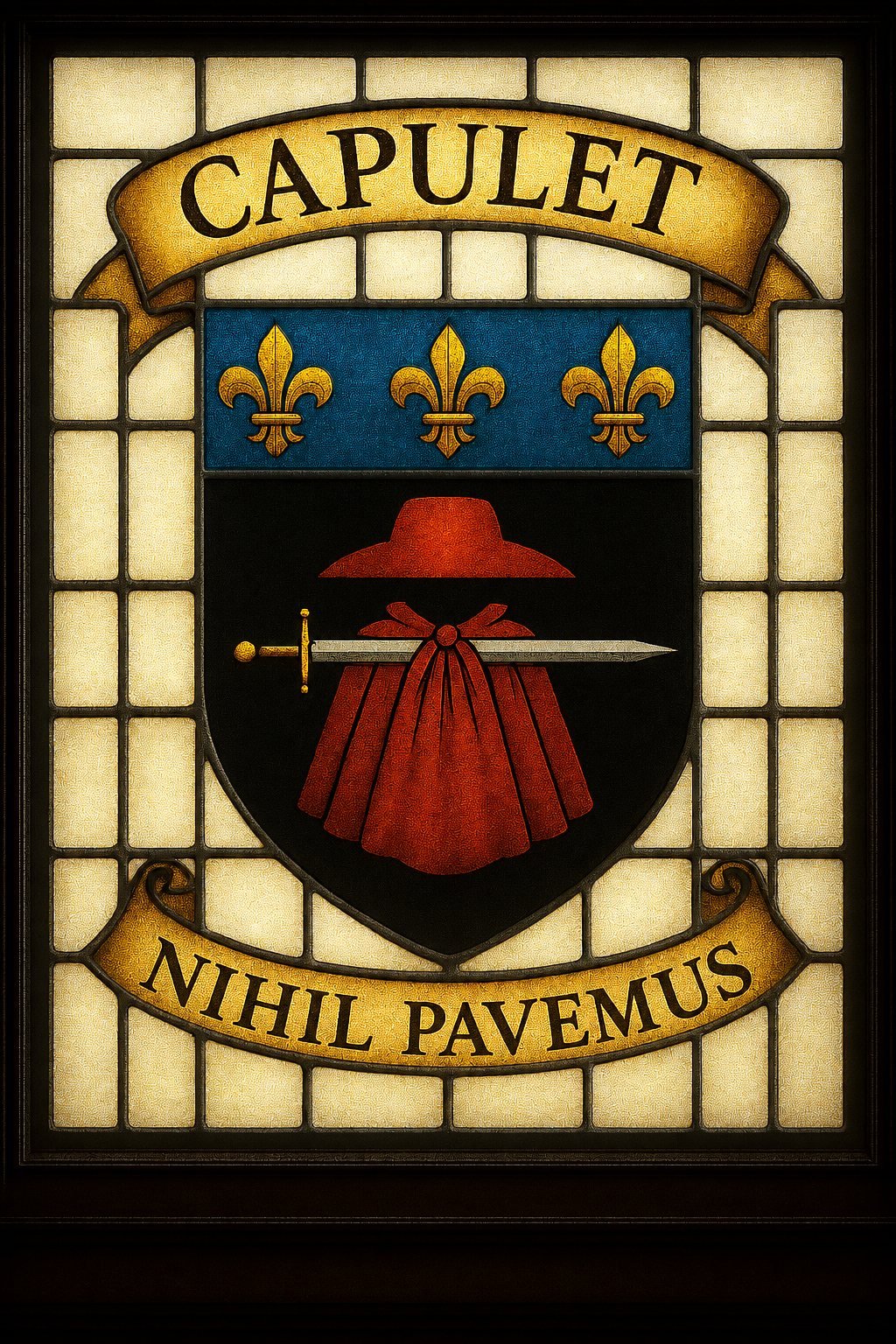 Stained-glass heraldic crest of the House of Capulet with the family name and motto.