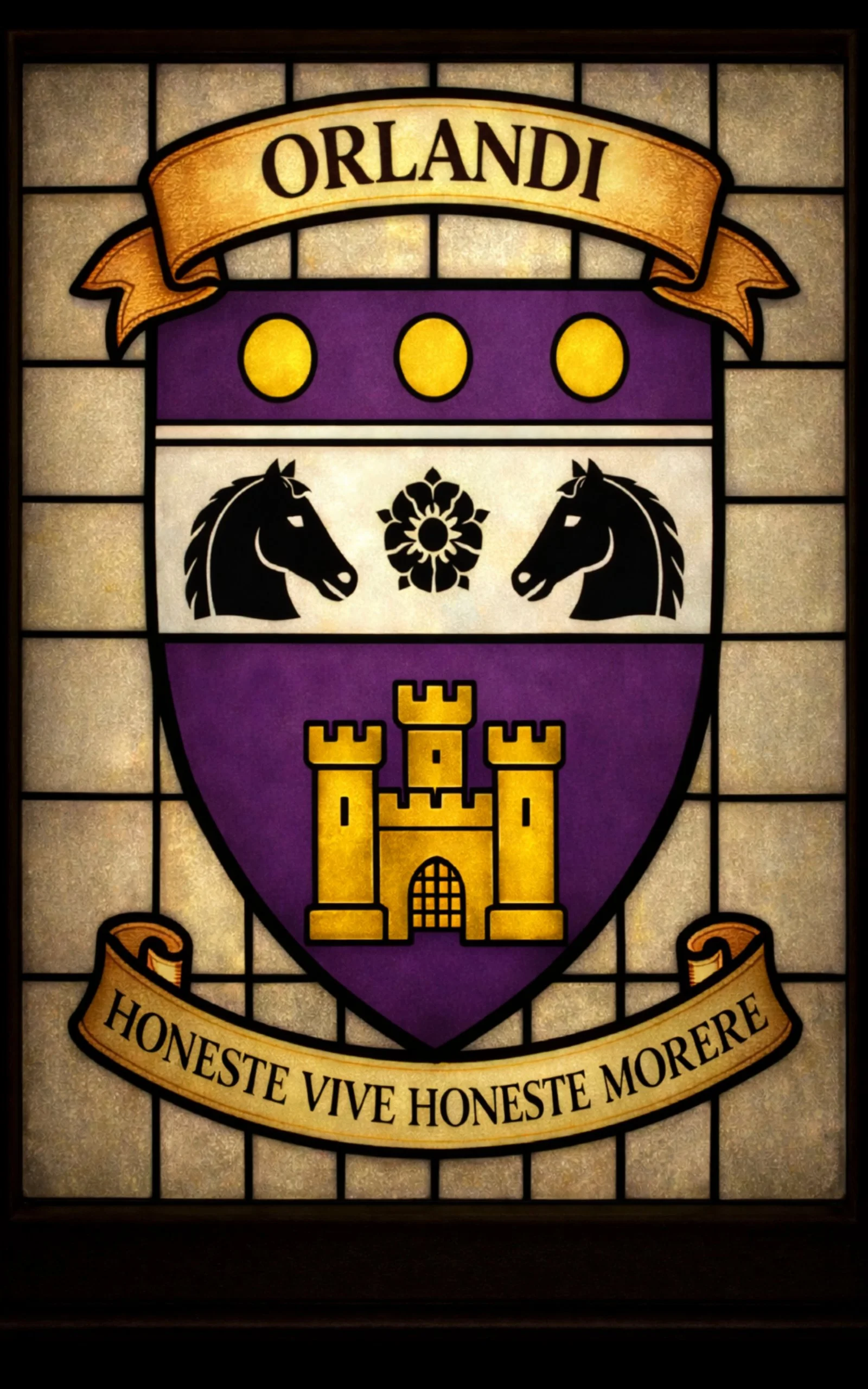 Stained-glass Orlandi family crest featuring two black horse heads, a gold castle and three gold roundels on purple and white fields, with the motto Live with Honour. Die with Honour.