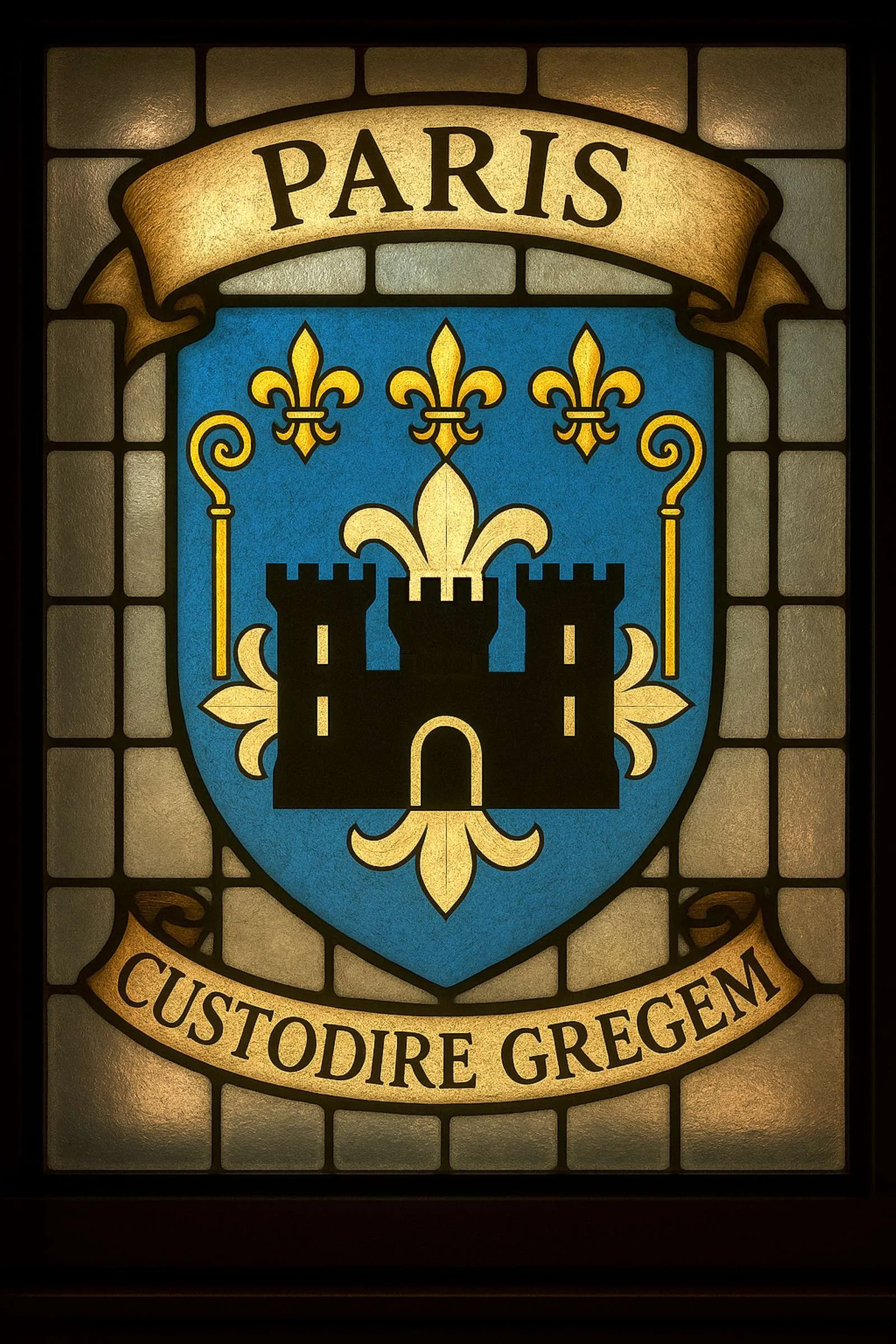 Stained-glass Paris family crest featuring a black castle, shepherd’s crooks and a gold fleur-de-lis triplet on a blue field, with the motto Guard the Flock.
