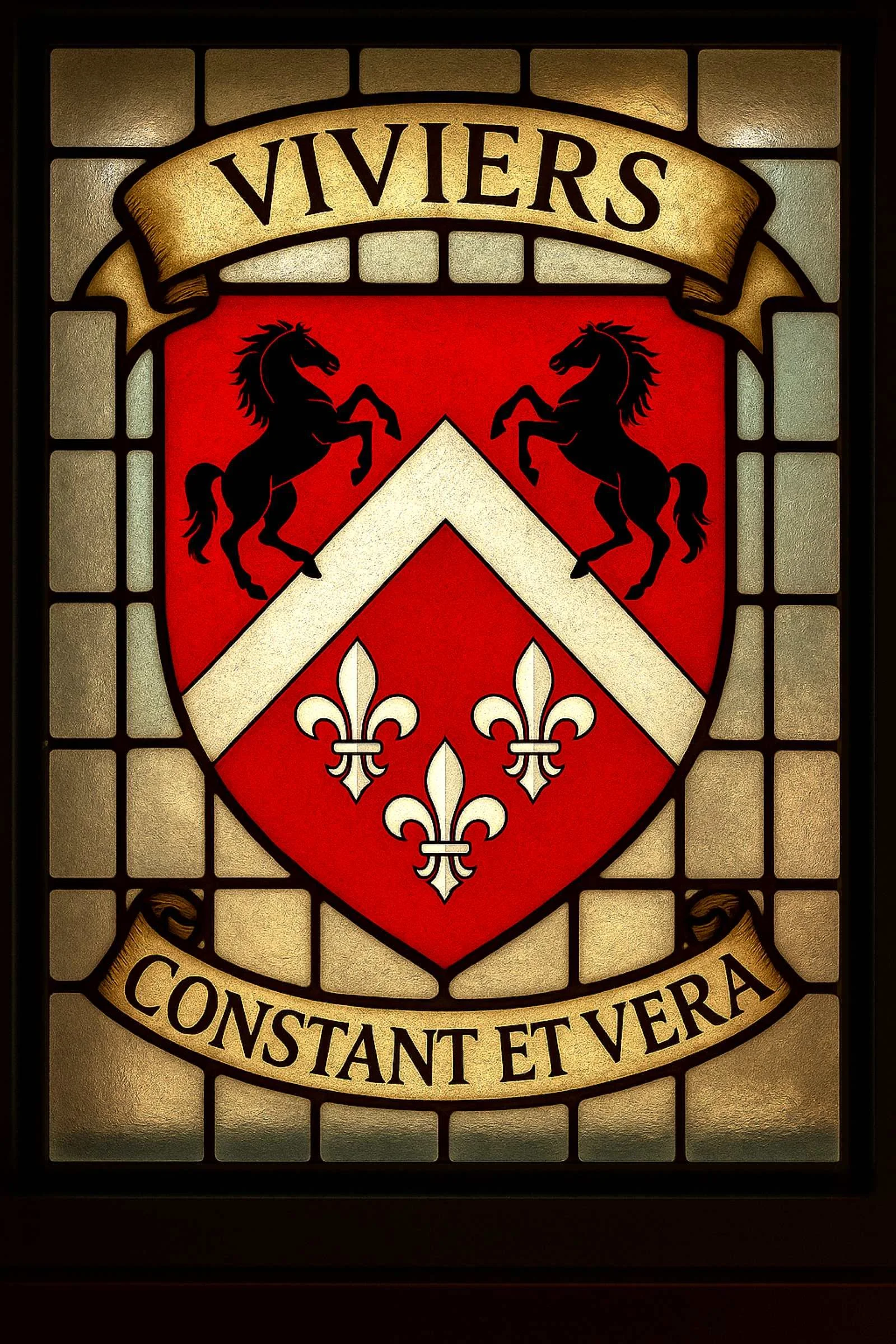 Stained-glass Viviers crest featuring two black rearing horses, a white chevron and a white fleur-de-lis triplet on a red field, with the motto Constant and True.