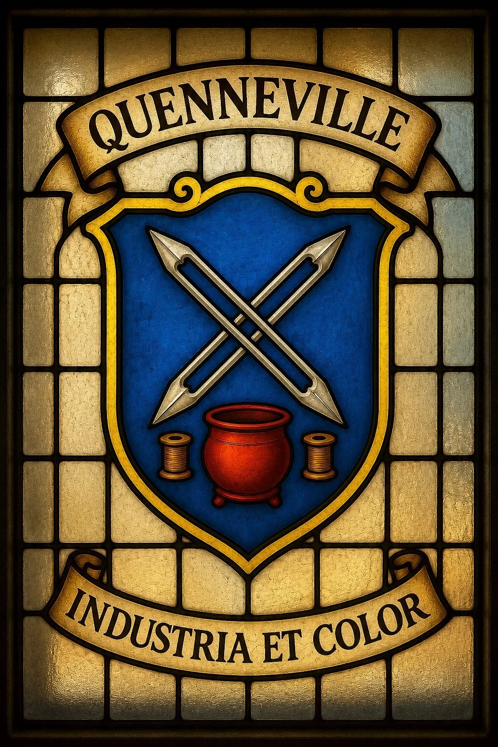 Stained-glass crest of the Quenneville merchant family, lifelong trading partners of the Marchands, featuring crossed needles, a dye pot and spools of thread on a blue field, with the motto Industry and Colour.