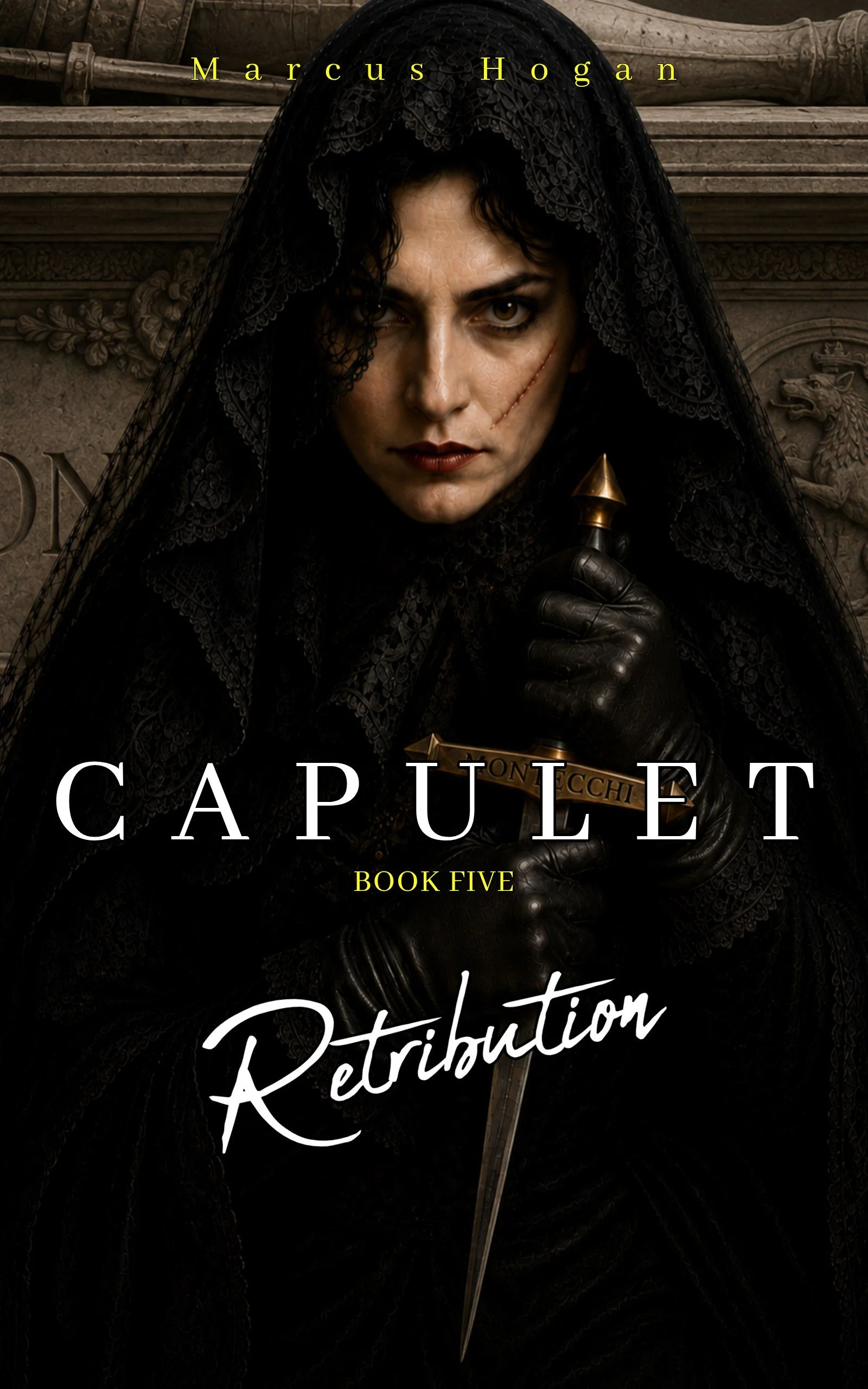 Esmeralda Montecchi kneeling with a dagger in her familial crypt on the front cover of CAPULET Book 5 – Retribution.