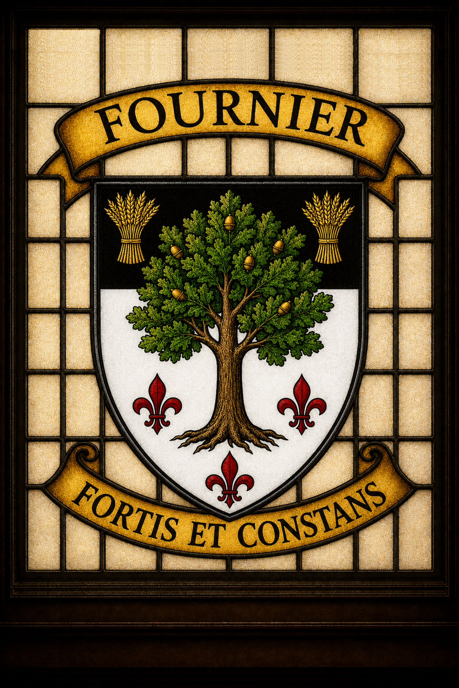 Stained-glass Fournier family crest associated with Margot and Olivier Capulet, featuring a fruit tree, wheat sheaves and a red fleur-de-lis triplet, with the motto Strong and Steadfast.