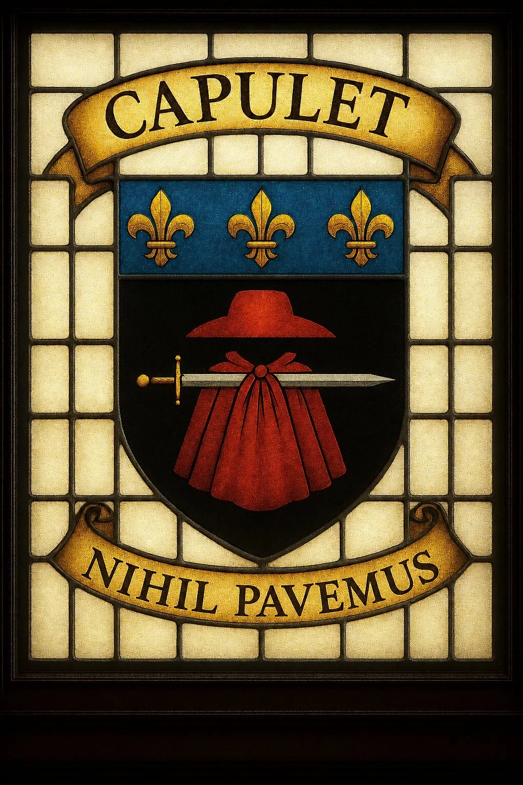 Stained-glass Capulet family crest with a hat, cloak and warsword beneath a gold fleur-de-lis triplet on blue and black fields, bearing the motto Cower to None.